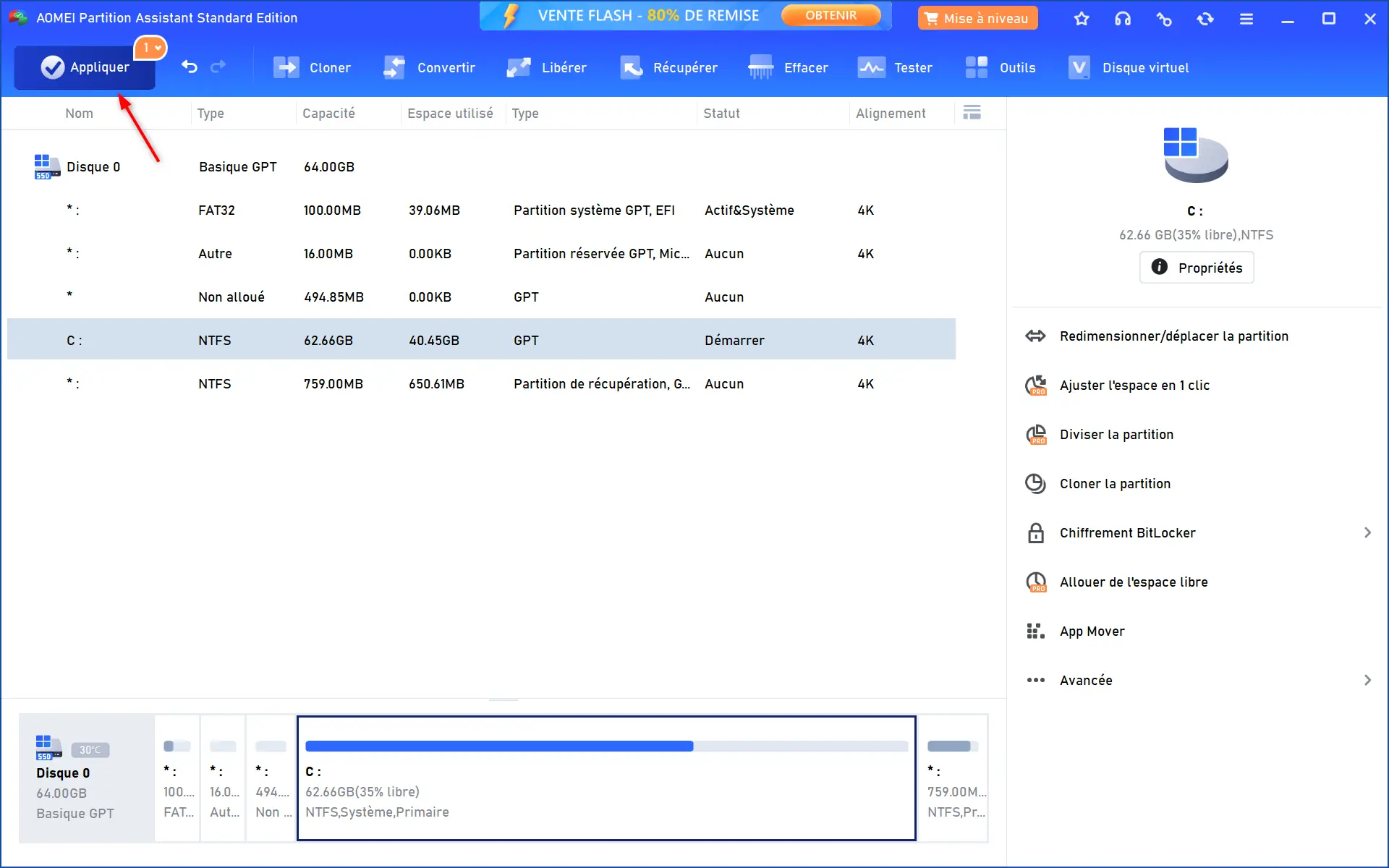 Fenêtre des opérations en attente dans AOMEI Partition Assistant indiquant qu'un redémarrage est nécessaire pour redimensionner la partition C