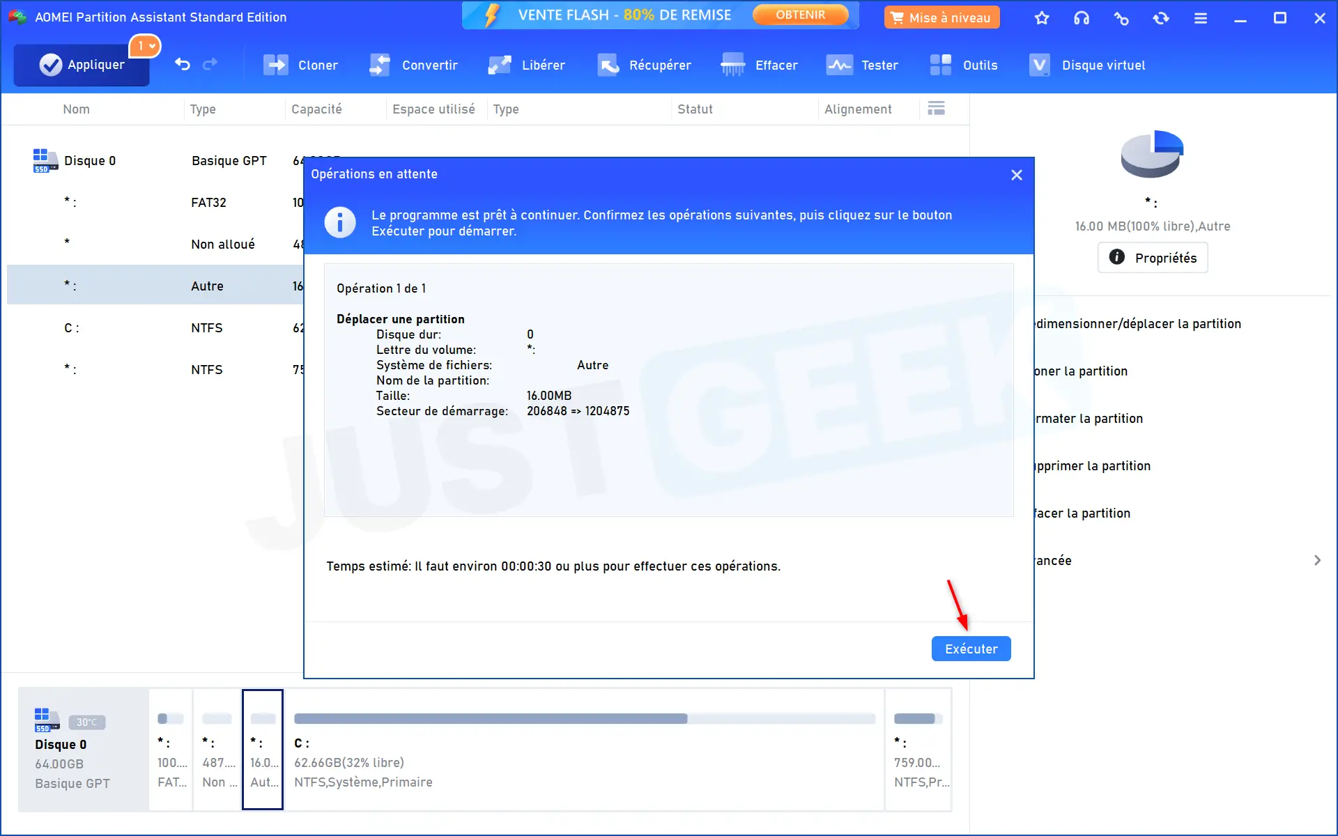 Fenêtre des opérations en attente dans AOMEI Partition Assistant confirmant le déplacement de la partition MSR de 16 Mo