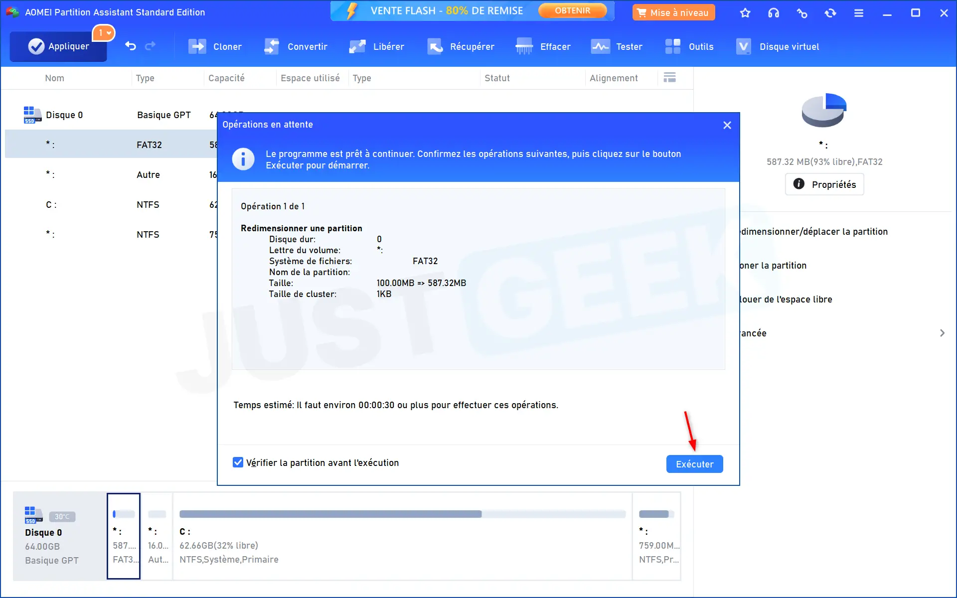 Fenêtre des opérations en attente dans AOMEI Partition Assistant confirmant le redimensionnement de la partition EFI de 100 Mo à 587 Mo