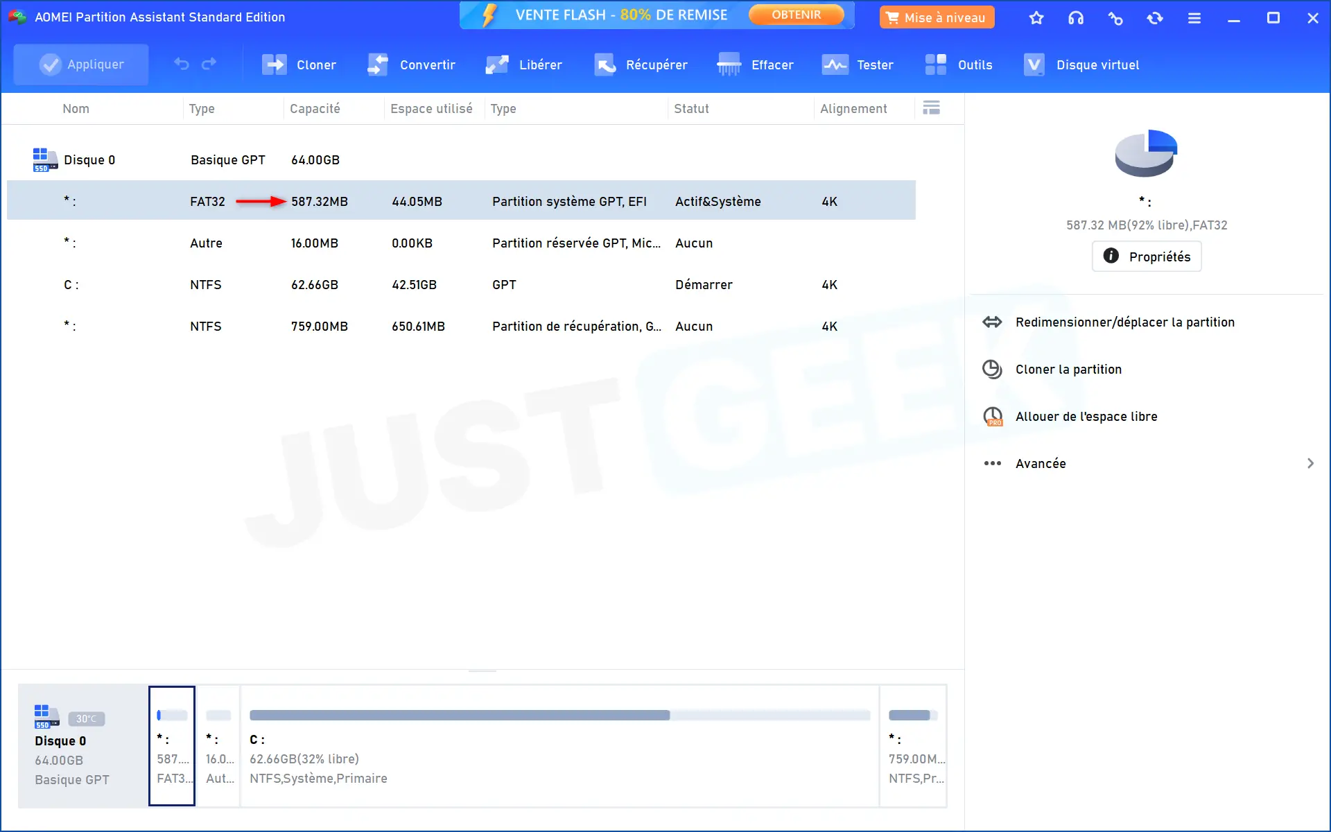 Interface AOMEI Partition Assistant affichant le résultat final avec une partition EFI agrandie à 587 Mo et 92 % d'espace libre