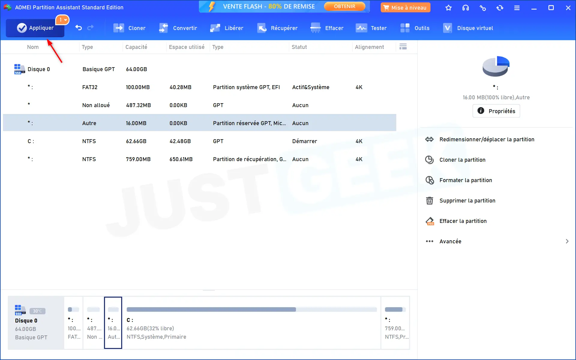 Interface AOMEI Partition Assistant après le déplacement de la partition MSR affichant 487 Mo d'espace non alloué maintenant adjacent à la partition EFI