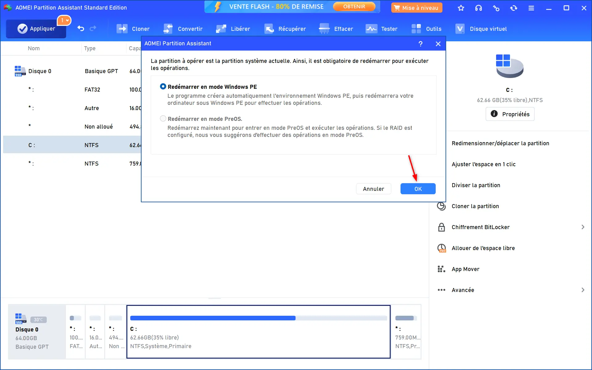 Fenêtre AOMEI Partition Assistant proposant de redémarrer en mode Windows PE pour effectuer des opérations sur la partition système