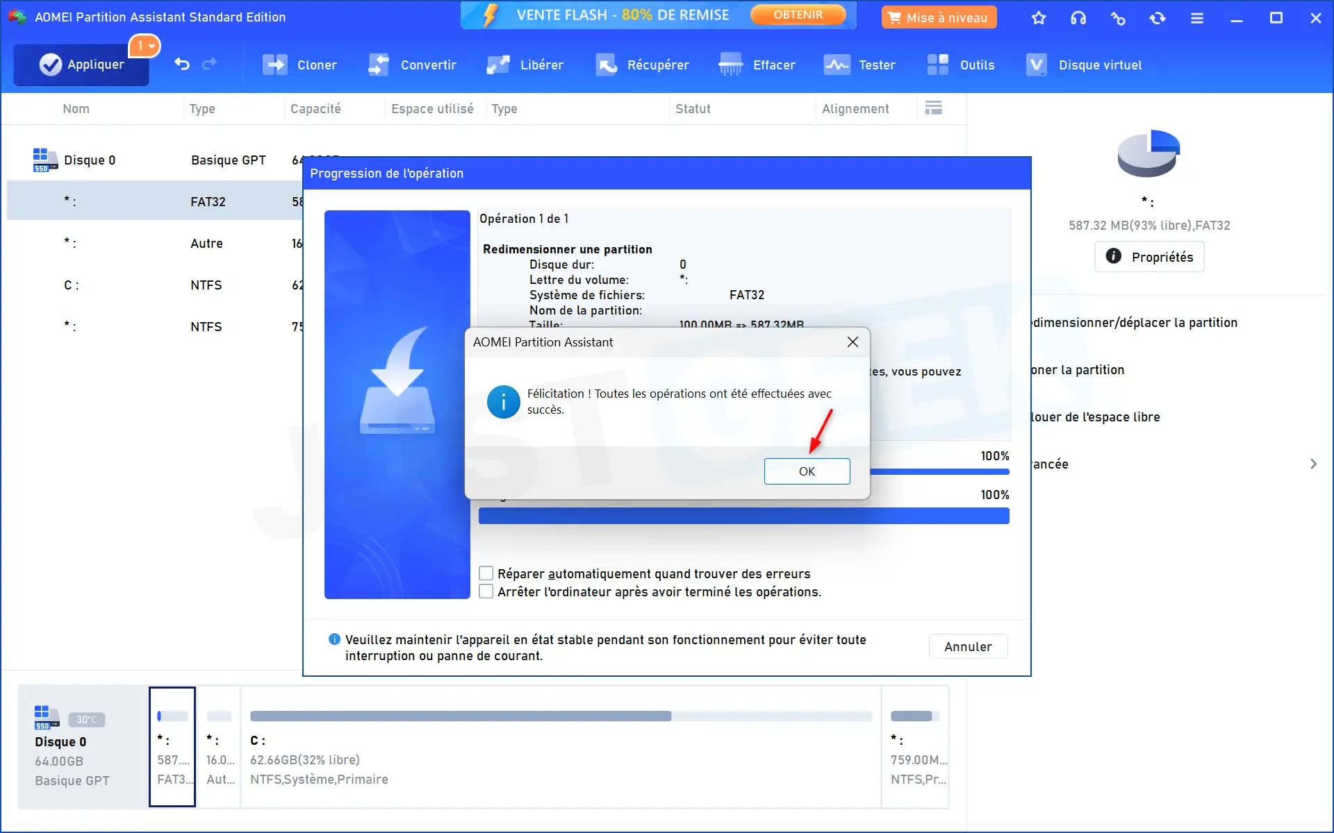 AOMEI Partition Assistant confirmant que le redimensionnement de la partition EFI de 100 Mo à 587 Mo a été effectué avec succès