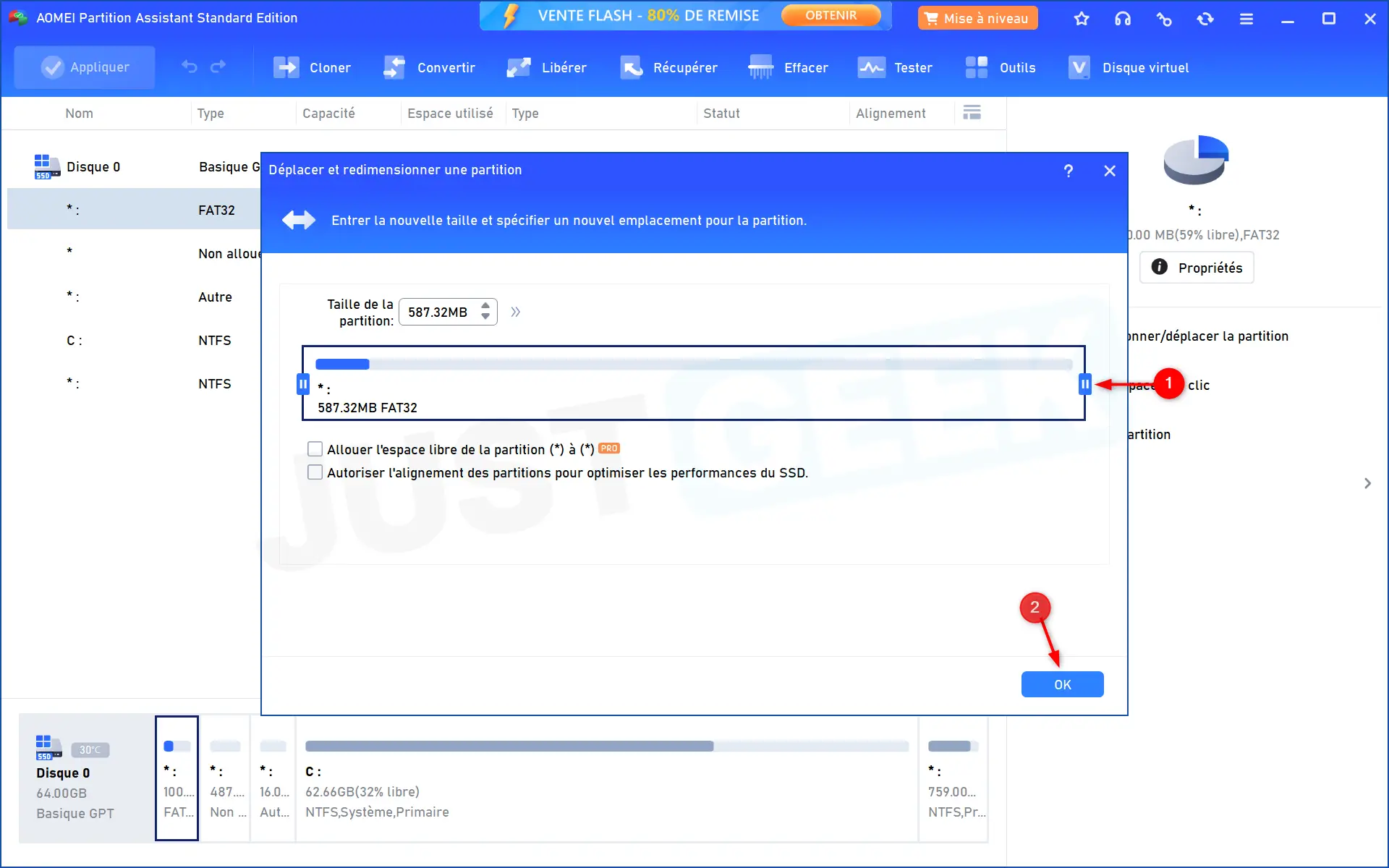 Fenêtre de redimensionnement de la partition EFI dans AOMEI Partition Assistant avec le curseur tiré vers la droite pour atteindre 587 Mo