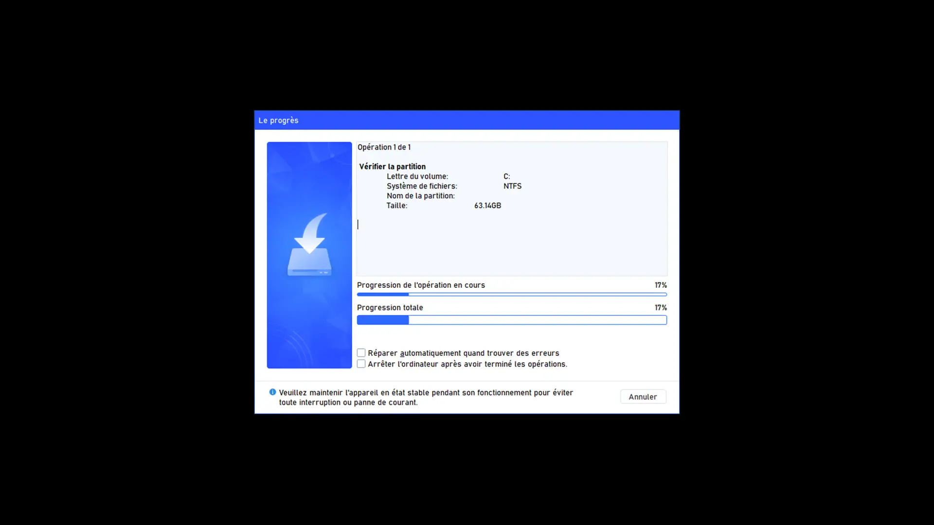 AOMEI Partition Assistant en mode Windows PE vérifiant la partition C avant de redimensionner