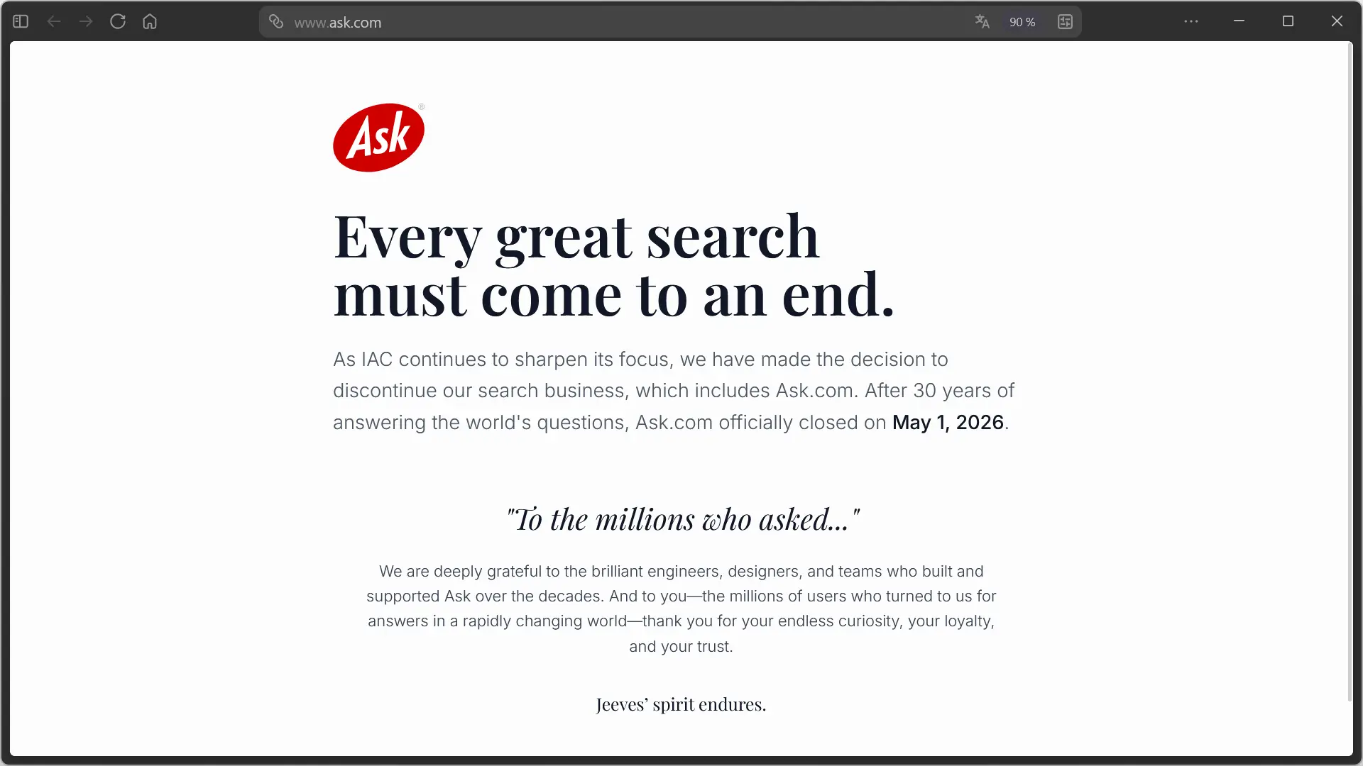 Message d'adieu publié sur Ask.com lors de sa fermeture le 1er mai 2026