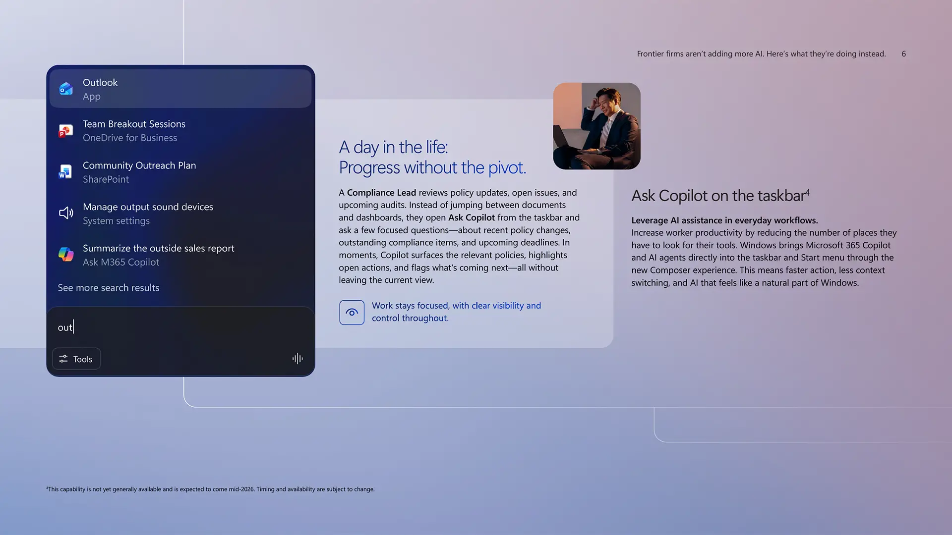 Interface « Ask Copilot » intégrée à la barre des tâches de Windows 11 avec suggestions de recherche et d'IA