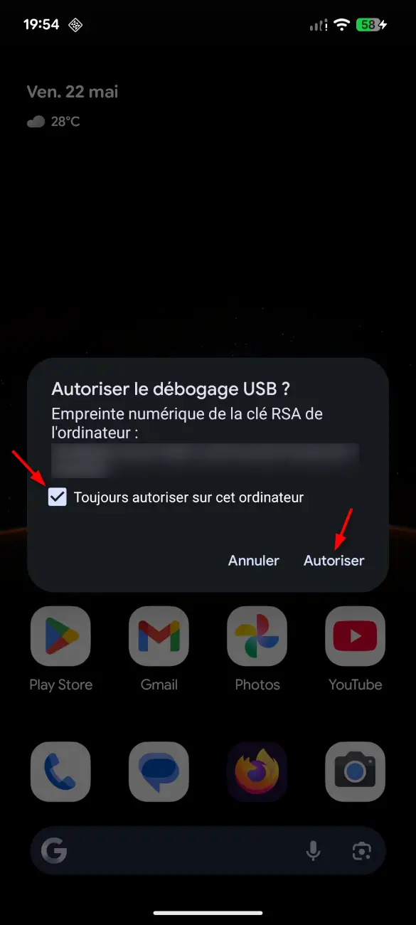 Fenêtre Android demandant d'autoriser le débogage USB à utiliser Scrcpy sur PC