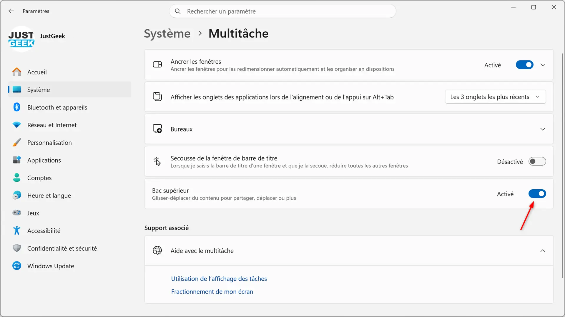 Option Plateau supérieur (Drop Tray) dans les paramètres multitâches de Windows 11