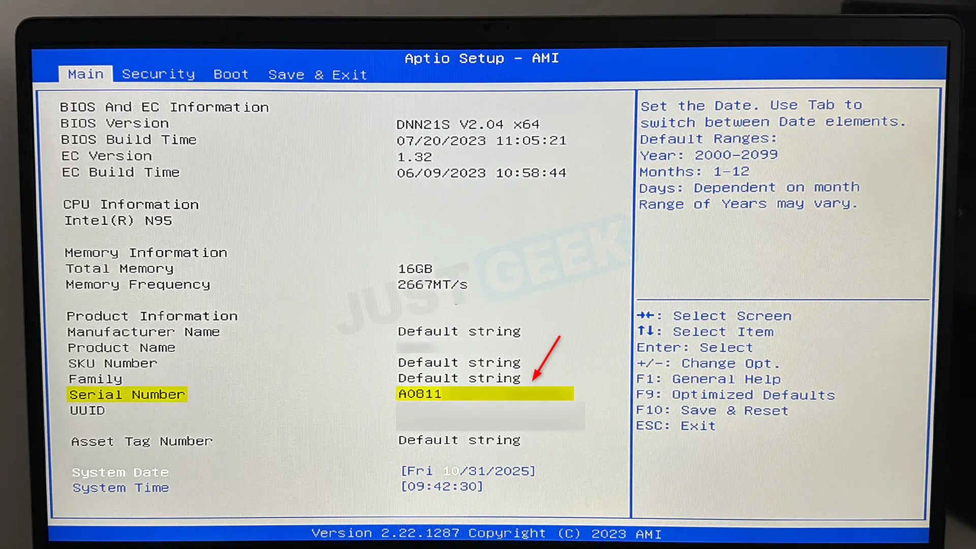 Affichage du numéro de série dans le BIOS Aptio Setup d'un PC