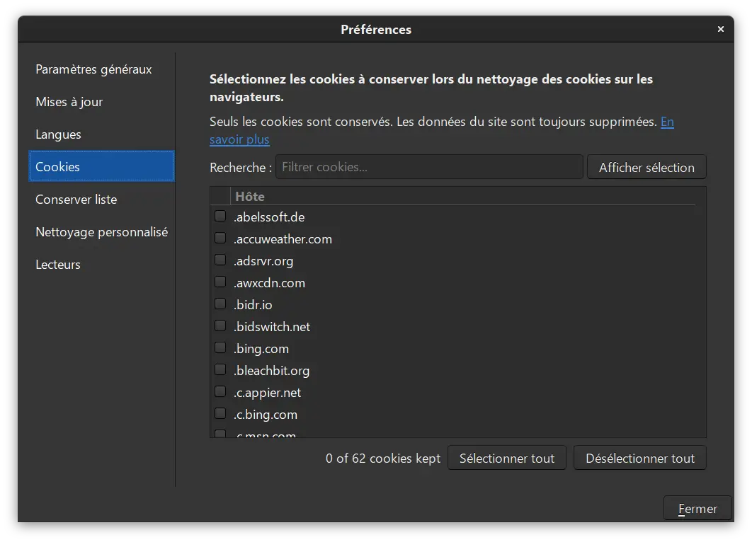 Gestionnaire de cookies BleachBit dans les préférences, permettant de choisir quels cookies conserver lors du nettoyage