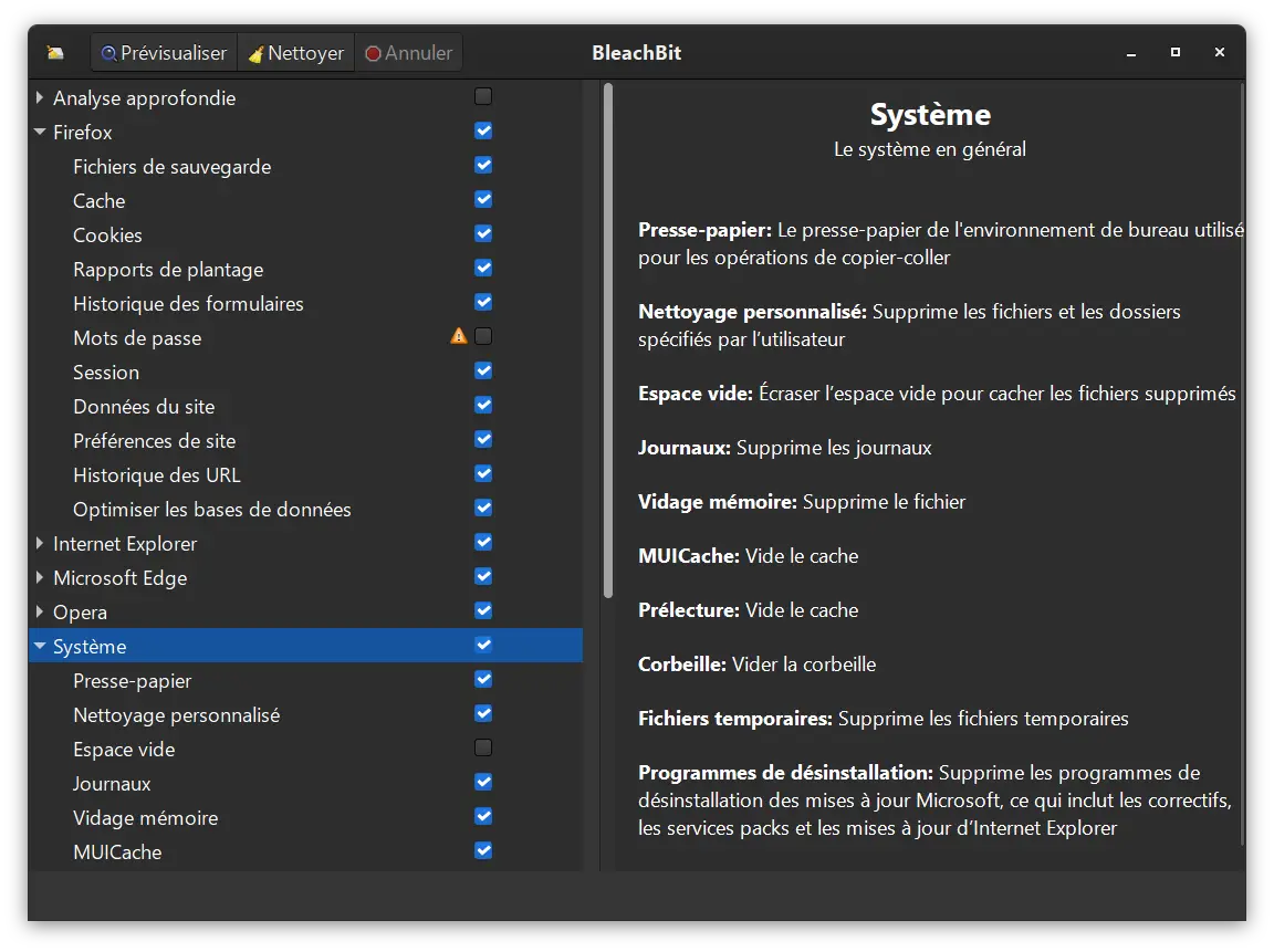 Interface principale de BleachBit avec la liste des catégories à nettoyer à gauche et la description des options à droite