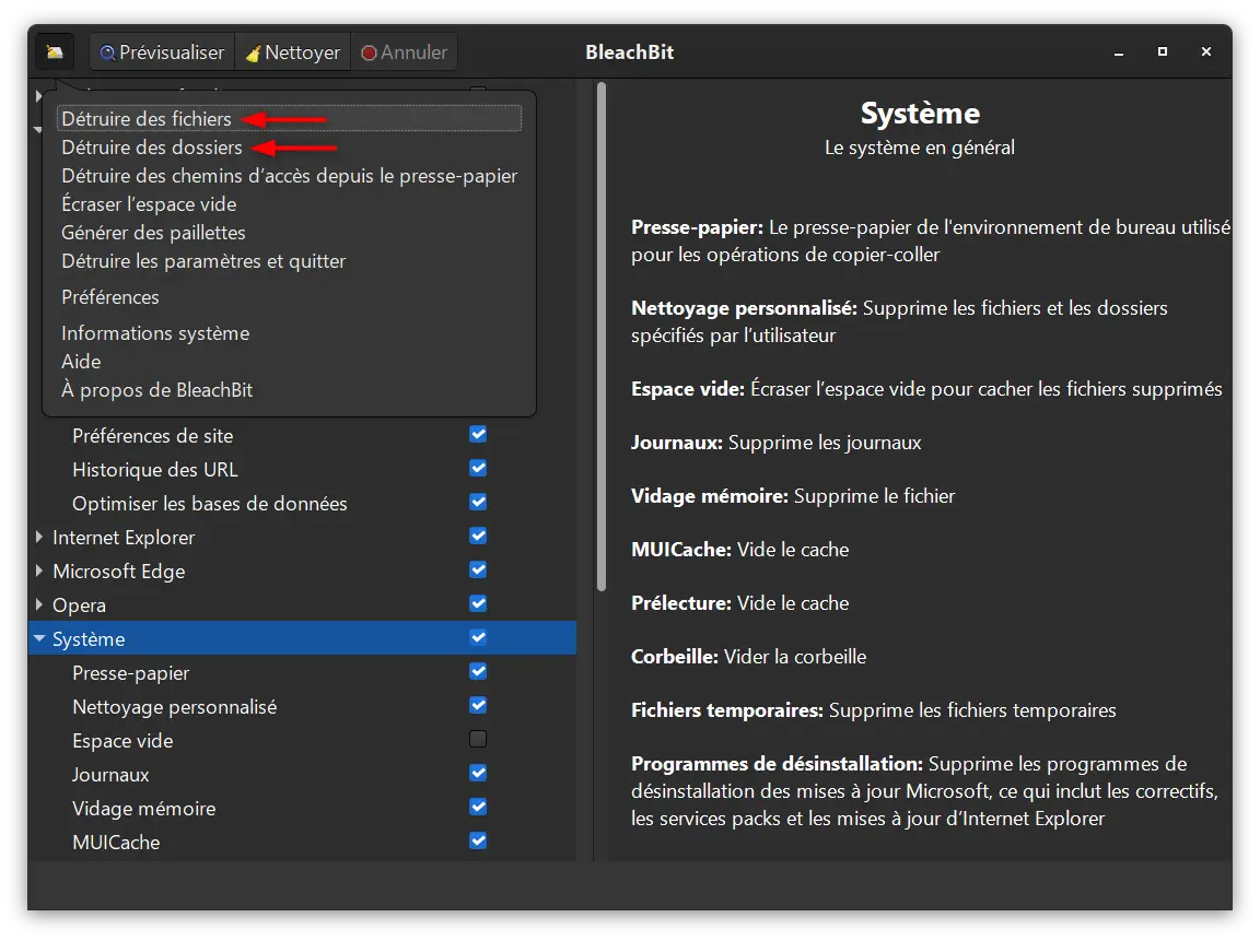Menu BleachBit offrant des options pour détruire de manière irréversible les fichiers et dossiers