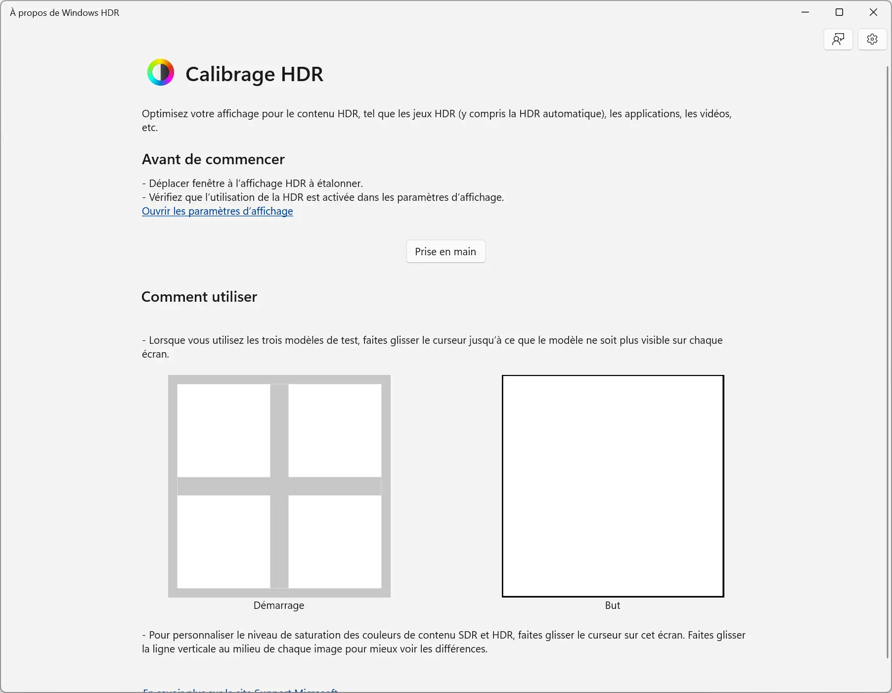 Interface d'étalonnage HDR dans Windows 11 avec l'application Windows HDR Calibration