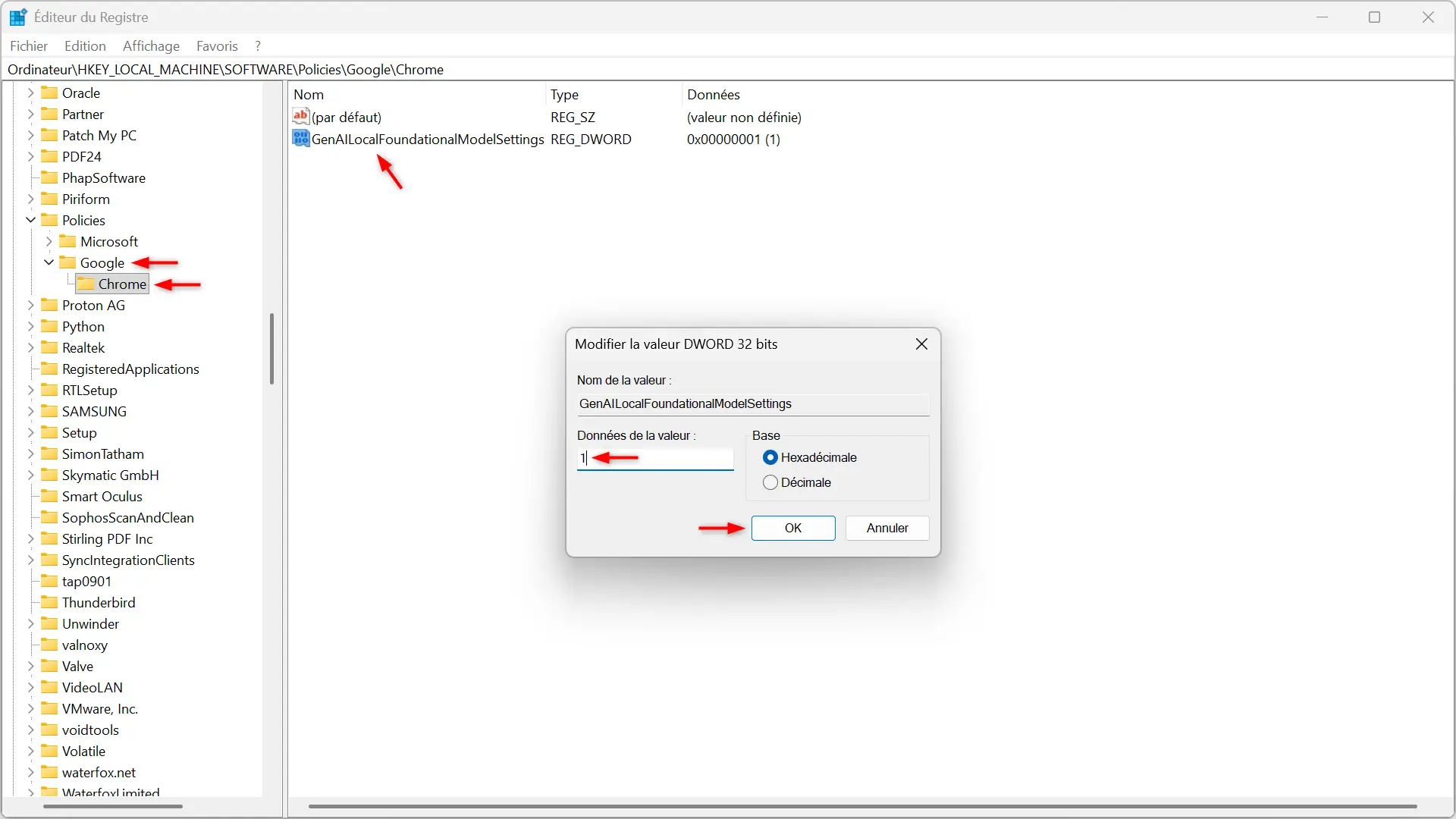 Éditeur de registre Windows avec la valeur DWORD GenAILocalFoundationalModelSettings définie sur 1 dans la clé HKEY_LOCAL_MACHINE\SOFTWARE\Policies\Google\Chrome