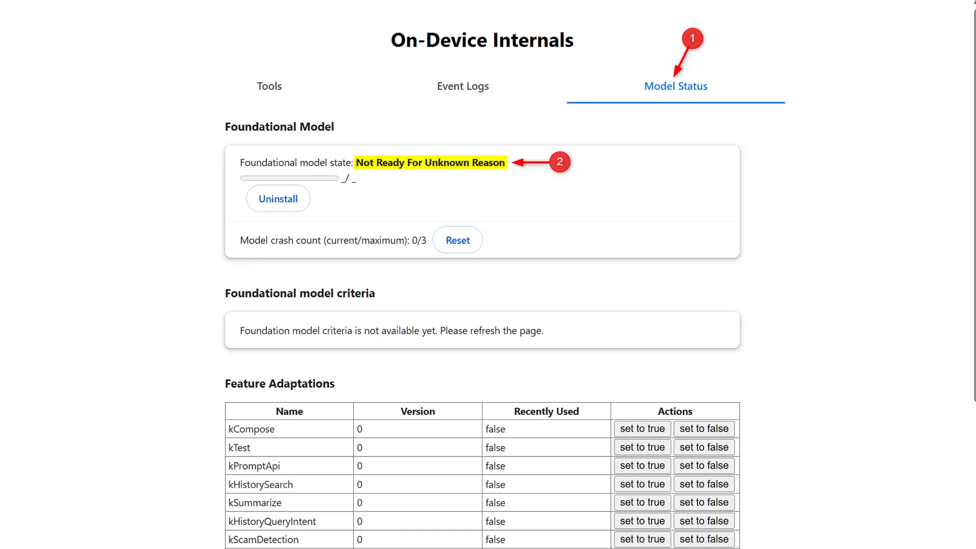 La page chrome://on-device-internals/ affichant l'état