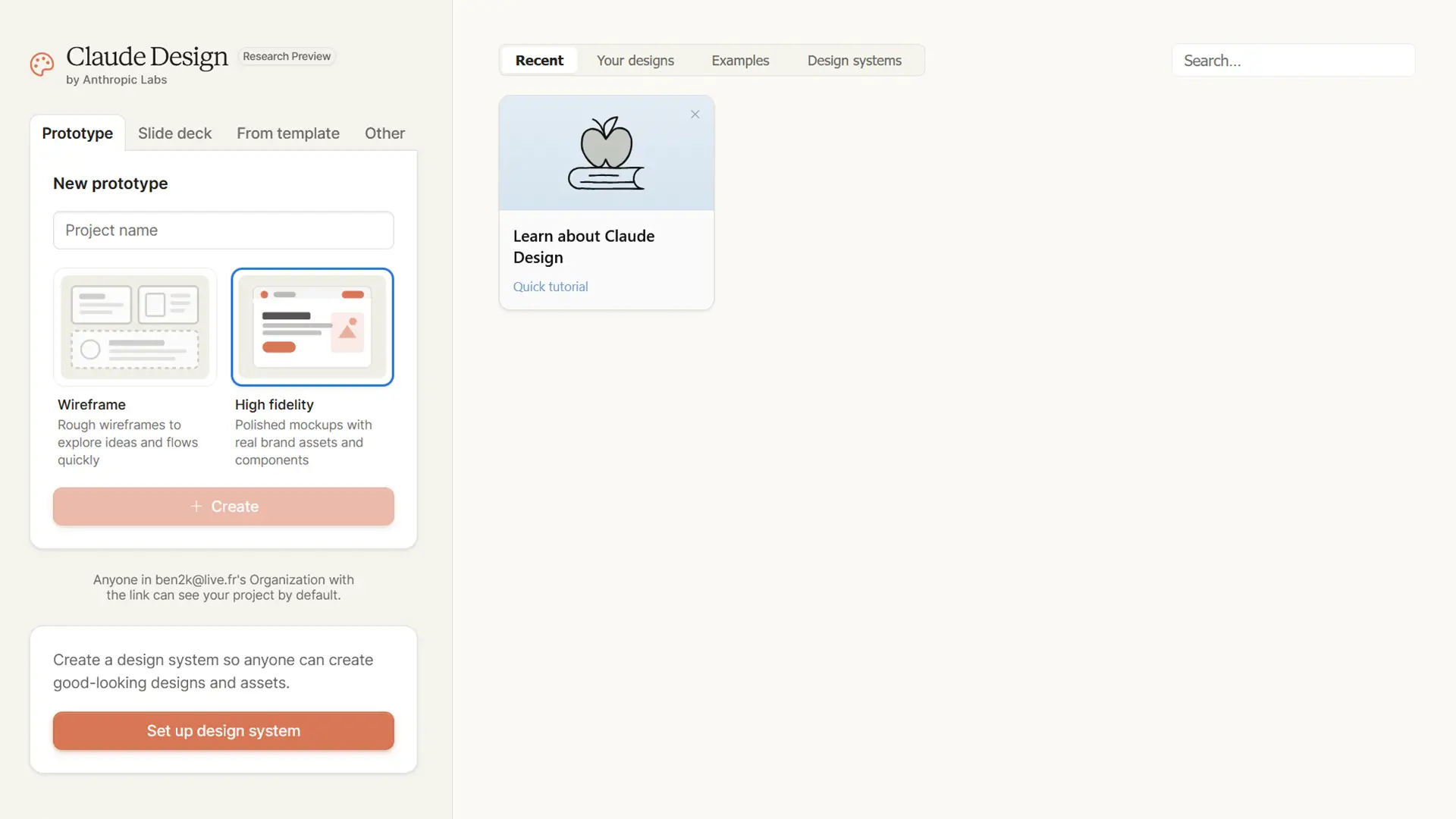 Interface Claude Design montrant la création d'un prototype avec les options filaire et haute fidélité sur l'outil Anthropic