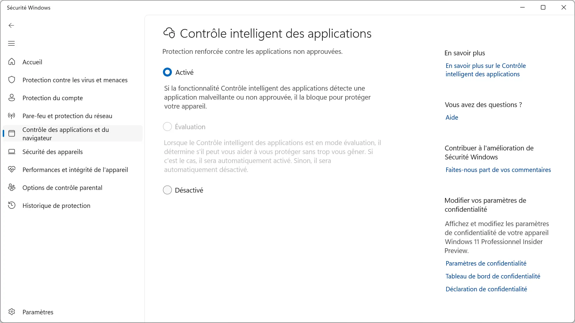Paramètres de Smart App Control dans la sécurité Windows