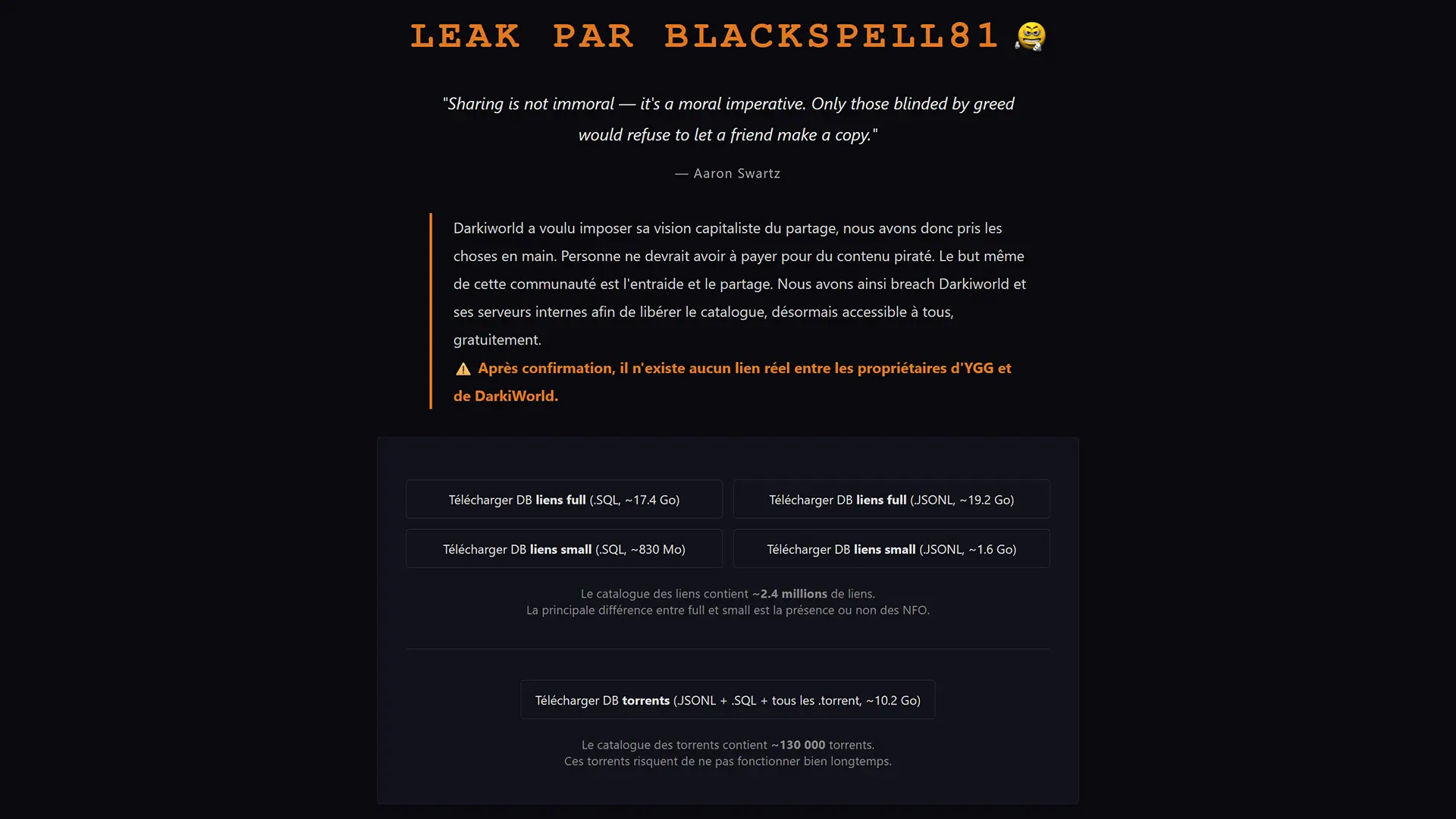 Page du site darkileak.buzz sur laquelle le hacker Blackspell81 publie les bases de données volées sur les serveurs Hydracker