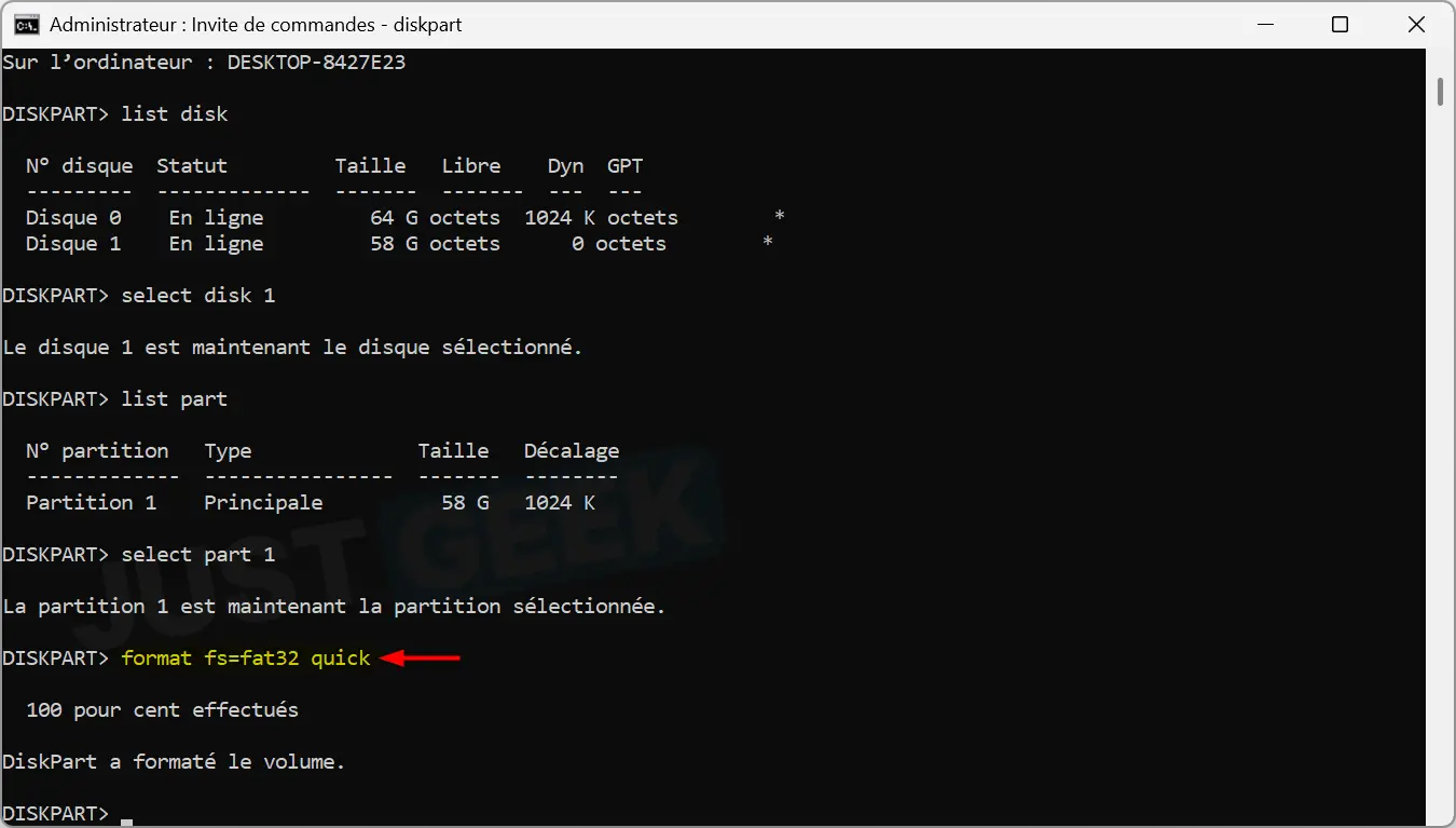 DiskPart – formatage réussi en FAT32 sous Windows 11