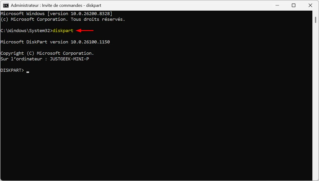 Lancement de DiskPart et liste des disques dans Windows 11