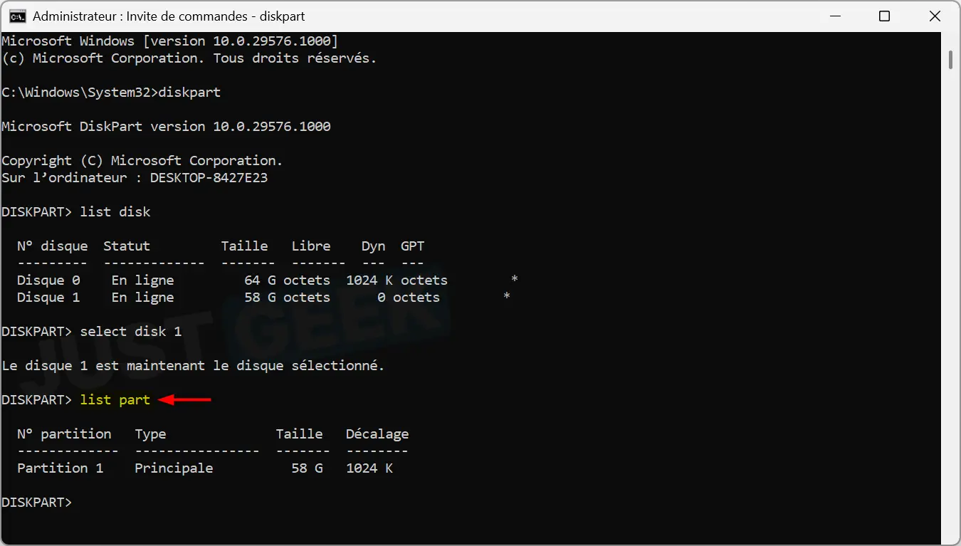 DiskPart – liste des partitions du disque sélectionné dans Windows 11