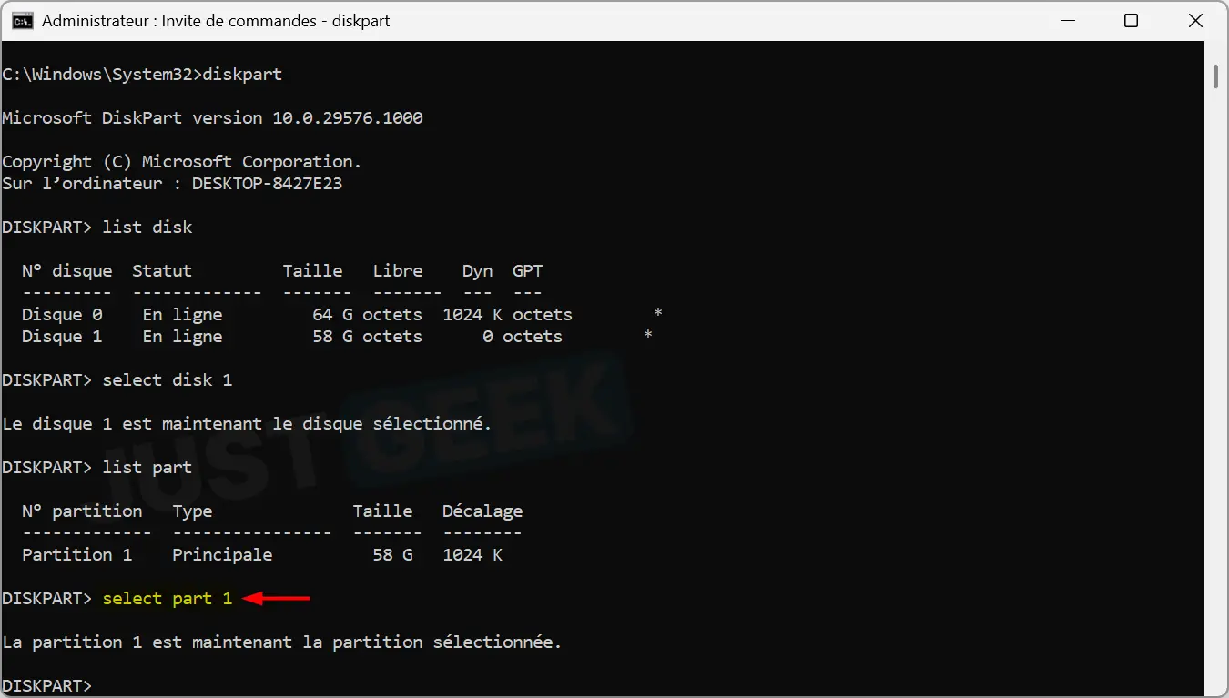 DiskPart – sélectionnez la partition 1 dans Windows 11