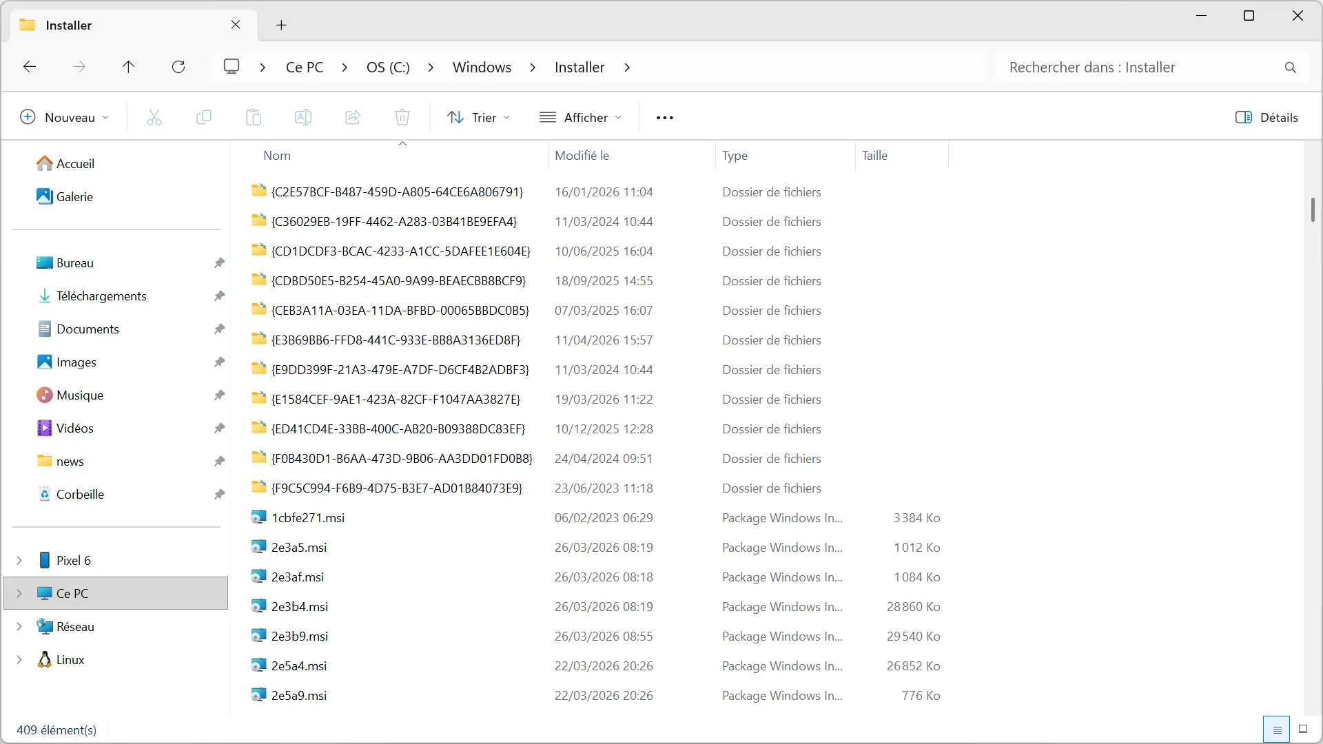 Contenu du dossier C:\Windows\Installer affiché dans l'Explorateur de fichiers Windows avec les fichiers et dossiers MSI associés