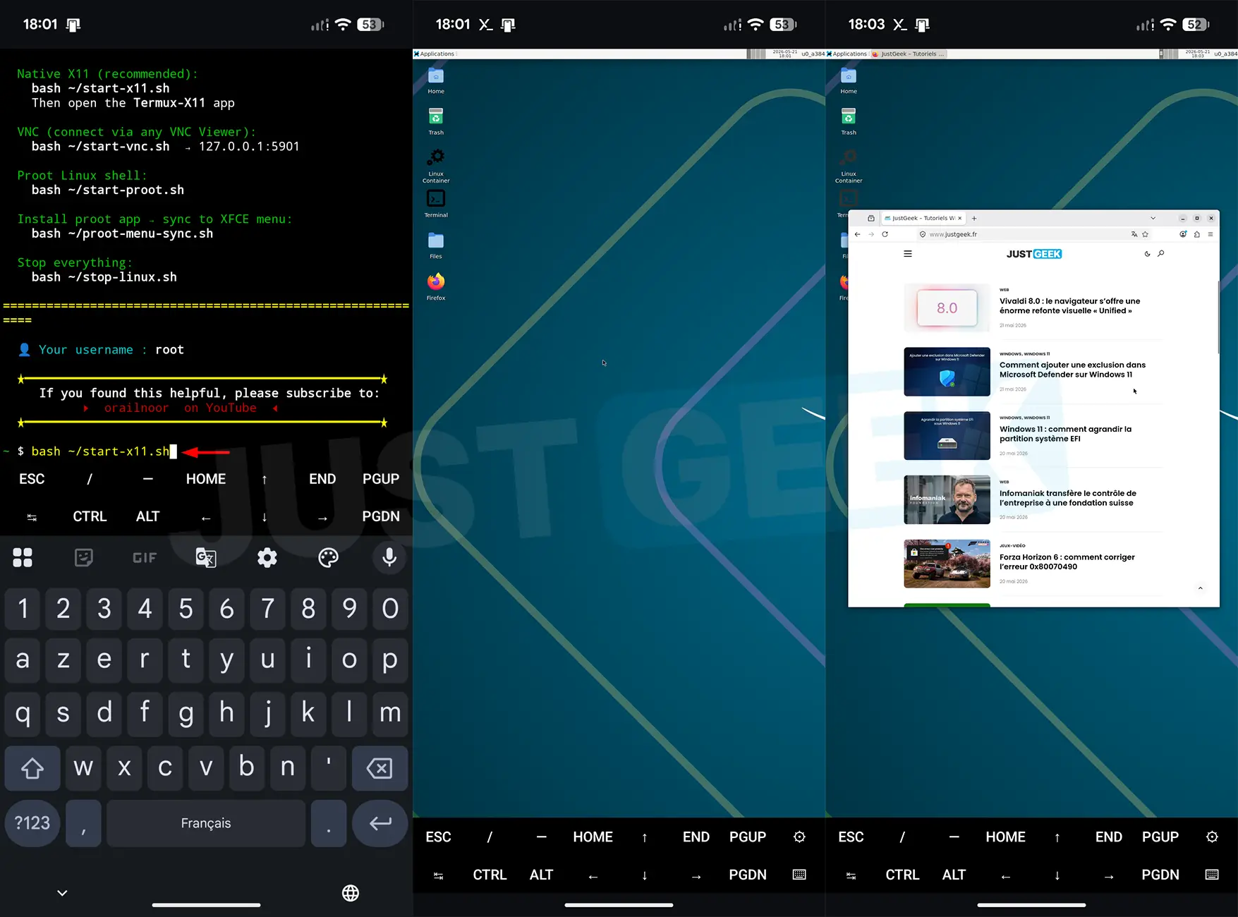 Bureau XFCE lancé sur un Google Pixel 6 avec DroidDesk : commande start-x11.sh dans Termux, bureau Linux affiché dans Termux-X11 et Firefox ouvert sur JustGeek.fr
