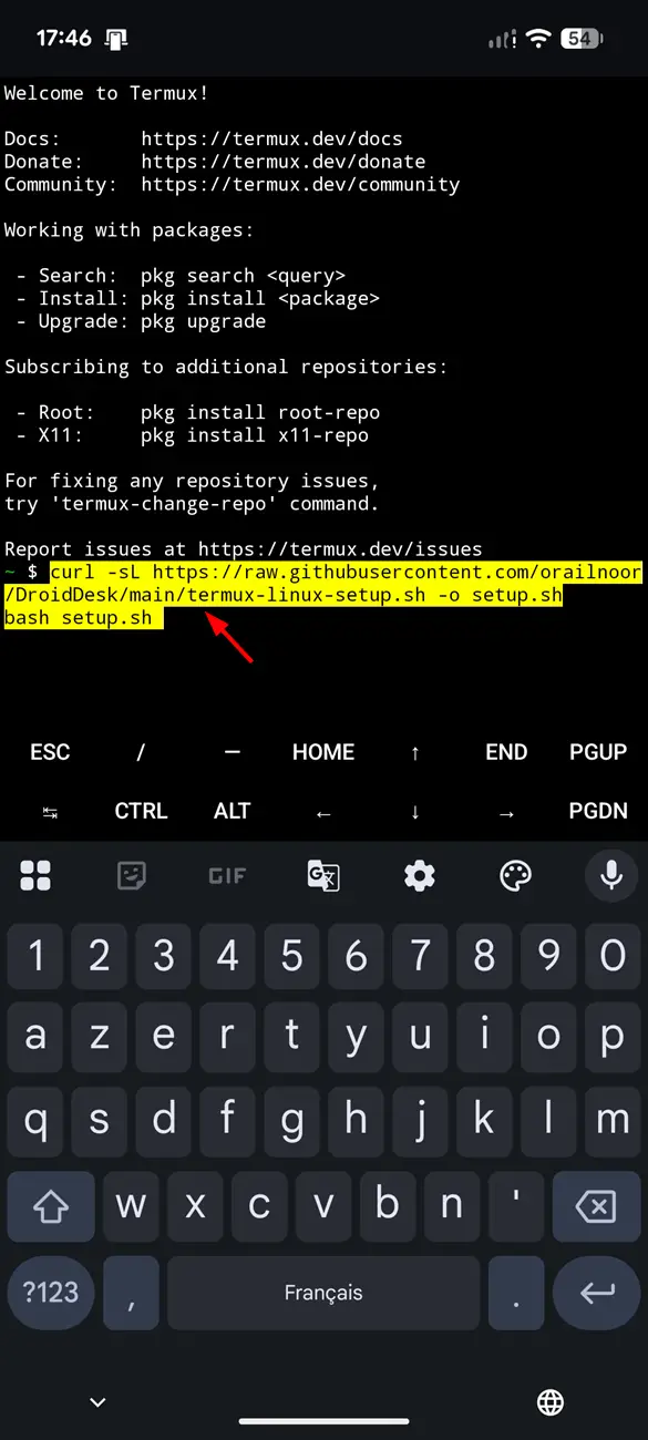 Lancement du script d'installation de DroidDesk dans Termux sur Android
