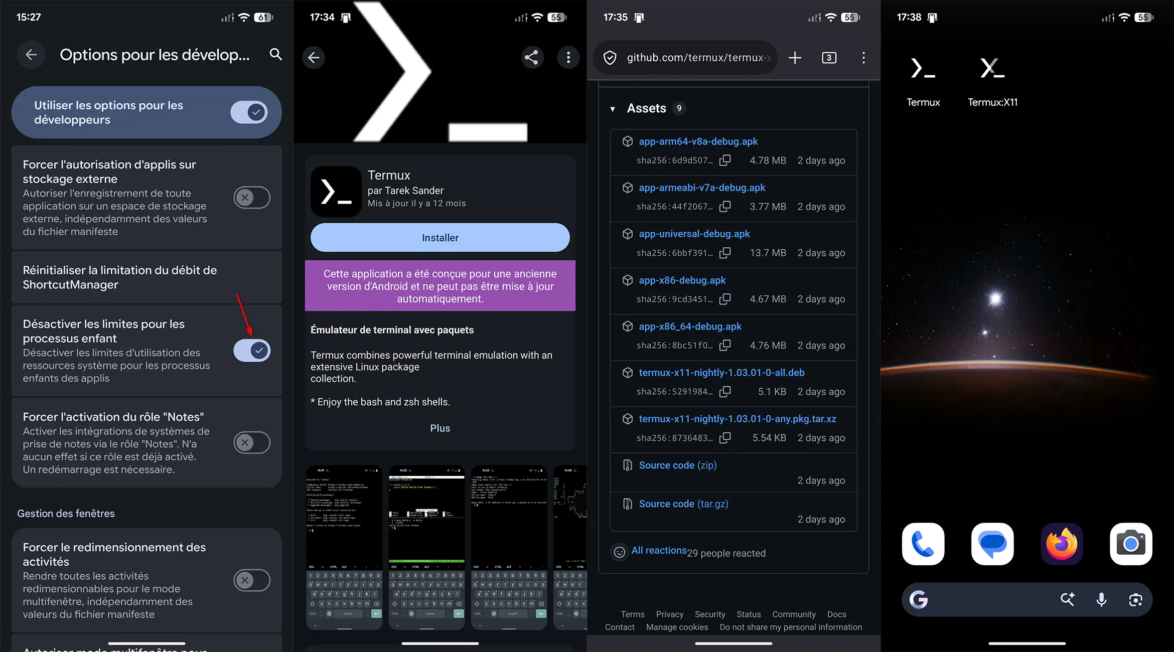 Installer DroidDesk sur Android : activer les options de développement, télécharger Termux depuis F-Droid et Termux-X11 depuis GitHub