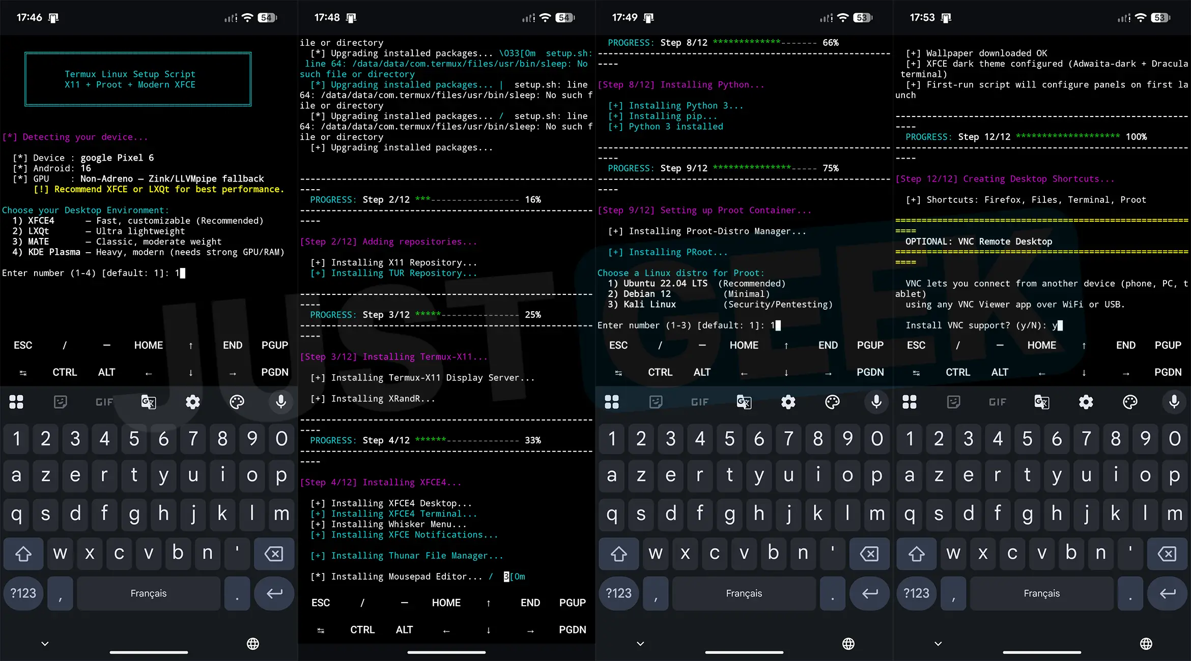 Déroulement du script d'installation de DroidDesk dans Termux : détection du Pixel 6, choix de l'environnement de bureau, installation des composants en 12 étapes et option VNC Remote Desktop