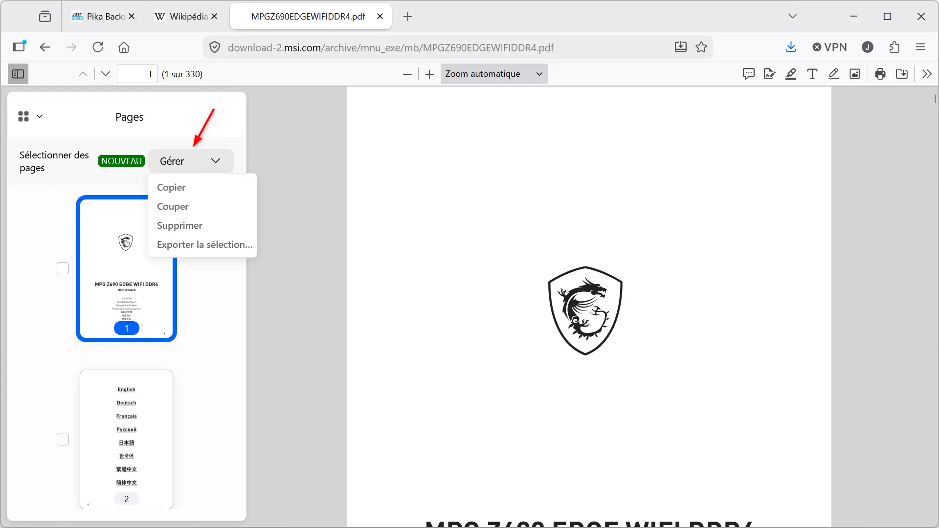Éditeur PDF Firefox 150 avec menu Gérer pour copier, couper, supprimer ou exporter des pages