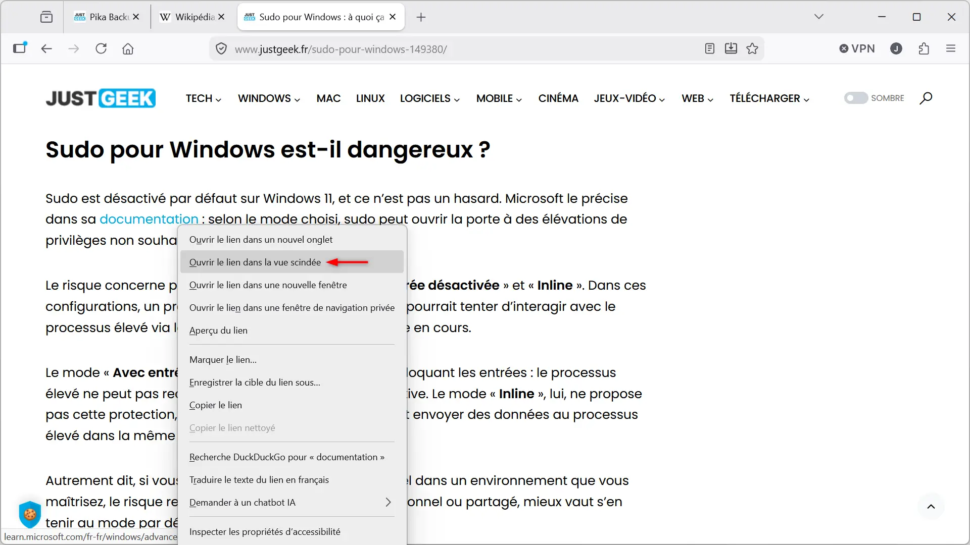 Menu contextuel de la vue fractionnée dans Firefox 150 avec l'option Permuter les onglets
