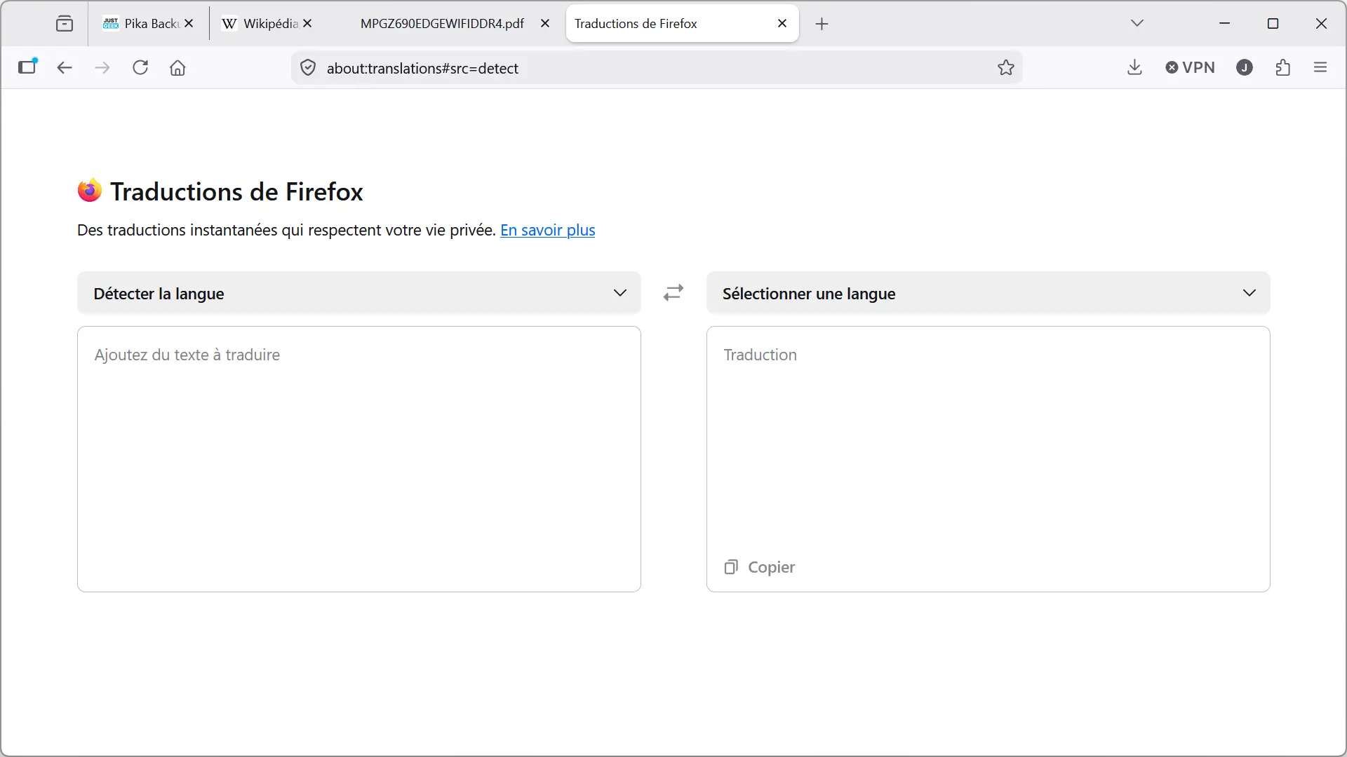 Page à propos de : traductions dans Firefox 150 pour des traductions privées et locales