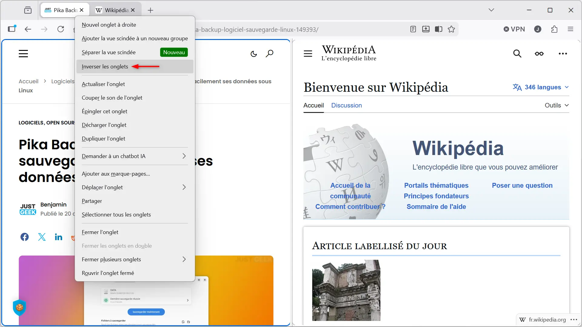 Cliquez avec le bouton droit sur un lien dans Firefox 150 avec l'option Ouvrir le lien en vue fractionnée