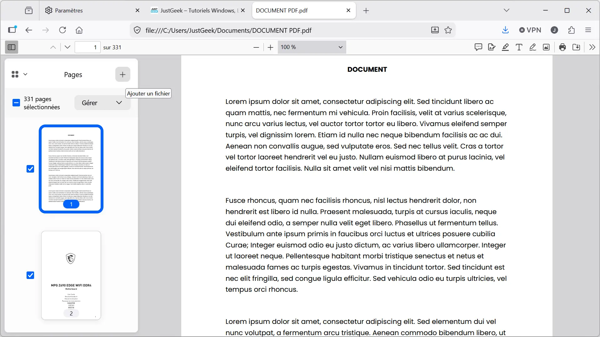 Interface du lecteur PDF Firefox 151 avec panneau latéral affichant deux fichiers PDF et bouton Ajouter un fichier