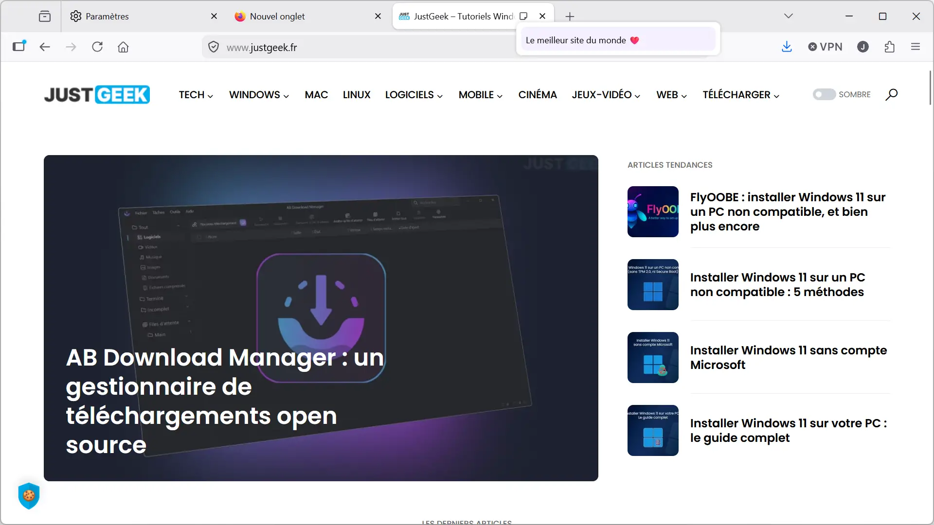 Note affichée au-dessus d'un onglet Firefox 151 avec le texte