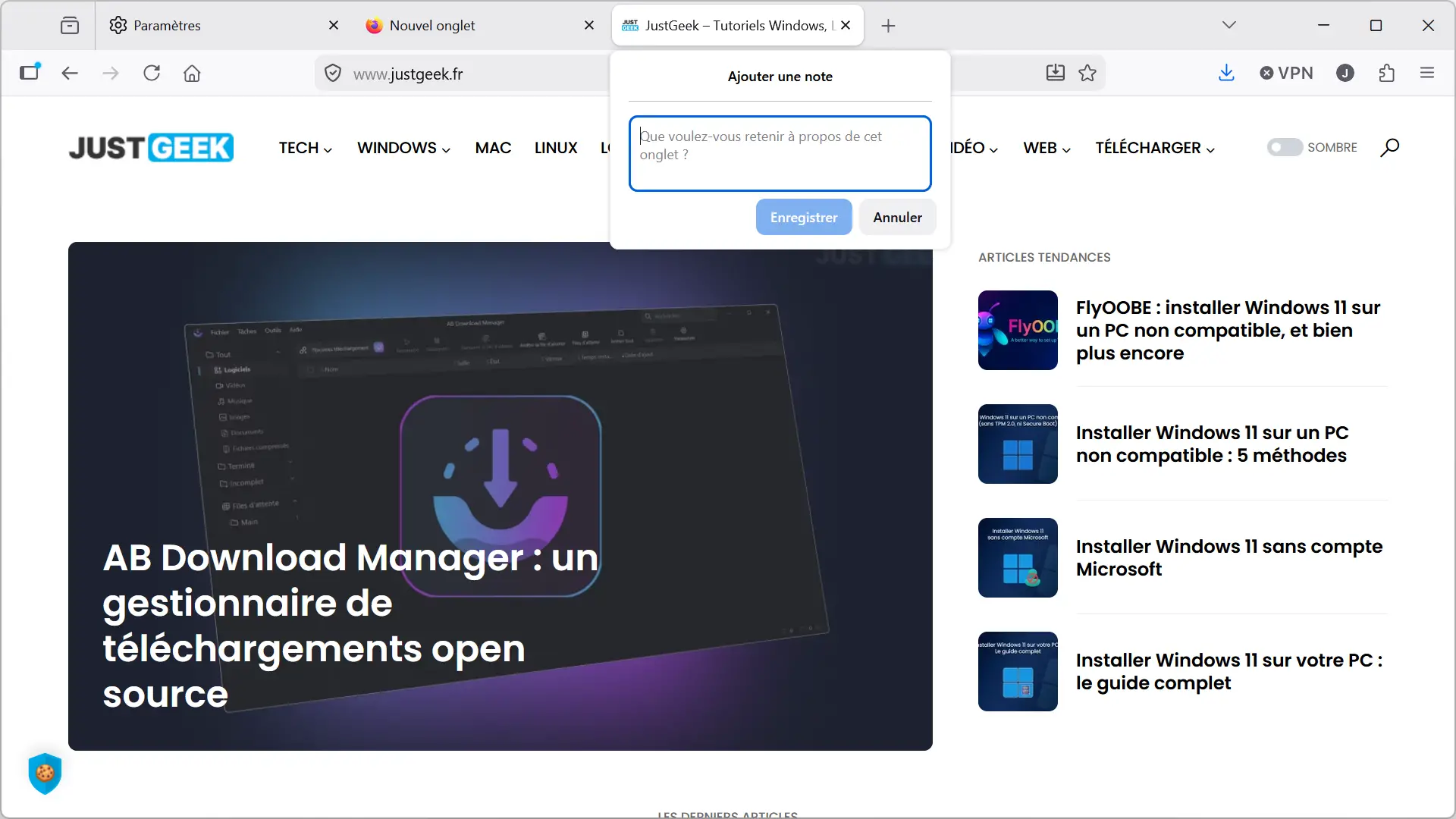 Fenêtre de saisie pour ajouter une note à un onglet dans Firefox 151