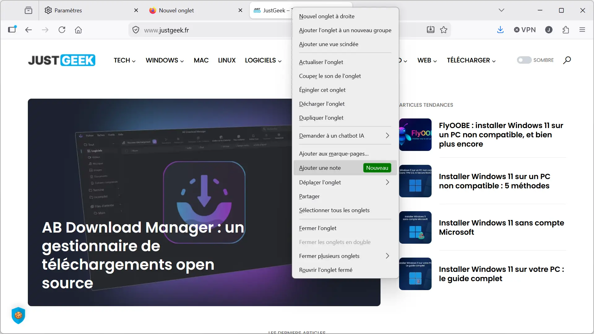 Menu contextuel d'un onglet Firefox 151 avec l'option Ajouter une note en surbrillance