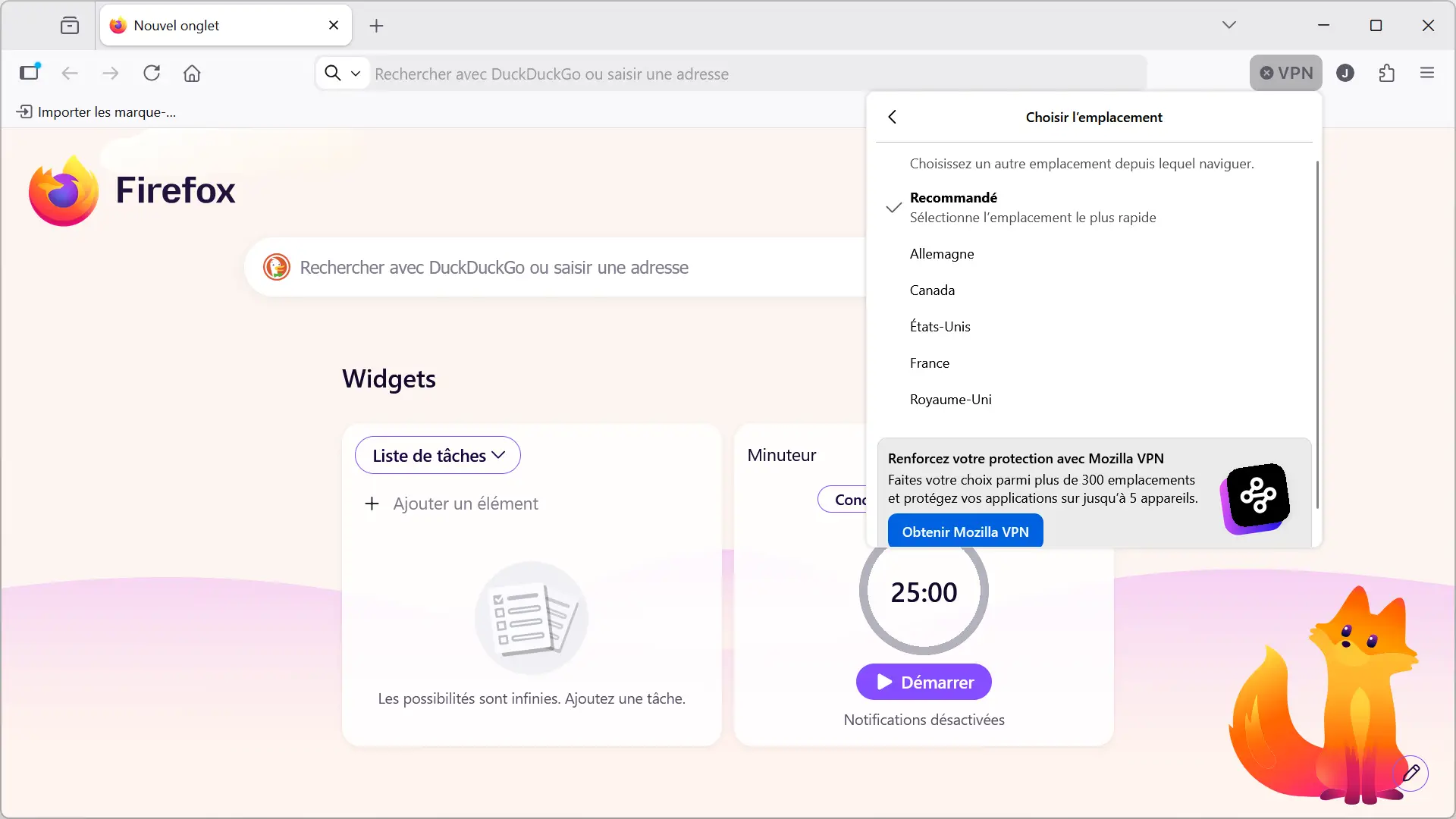 Panneau de sélection d'emplacement VPN intégré à Firefox 151 avec les pays disponibles : Allemagne, Canada, États-Unis, France et Royaume-Uni