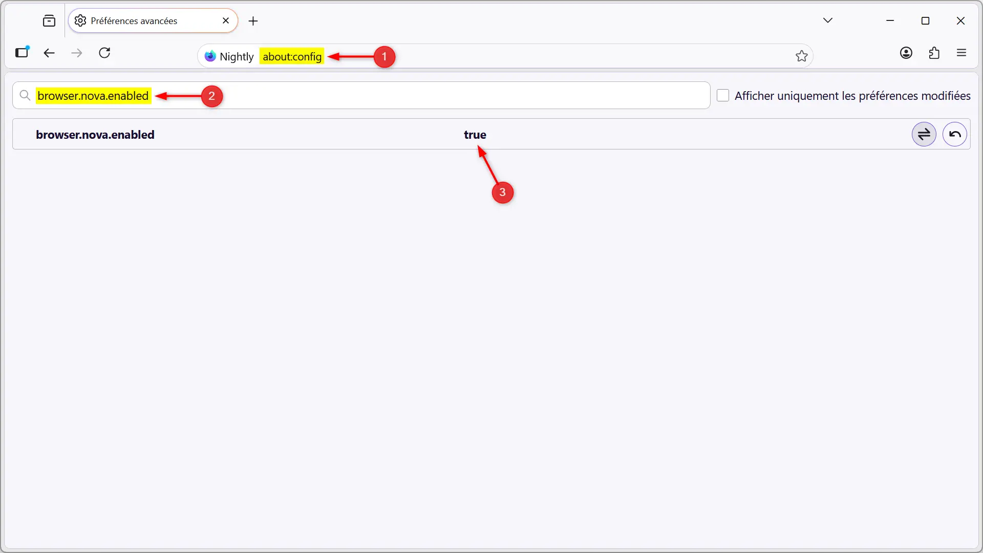 Activation du flag browser.nova.enabled dans about:config sur Firefox Nightly