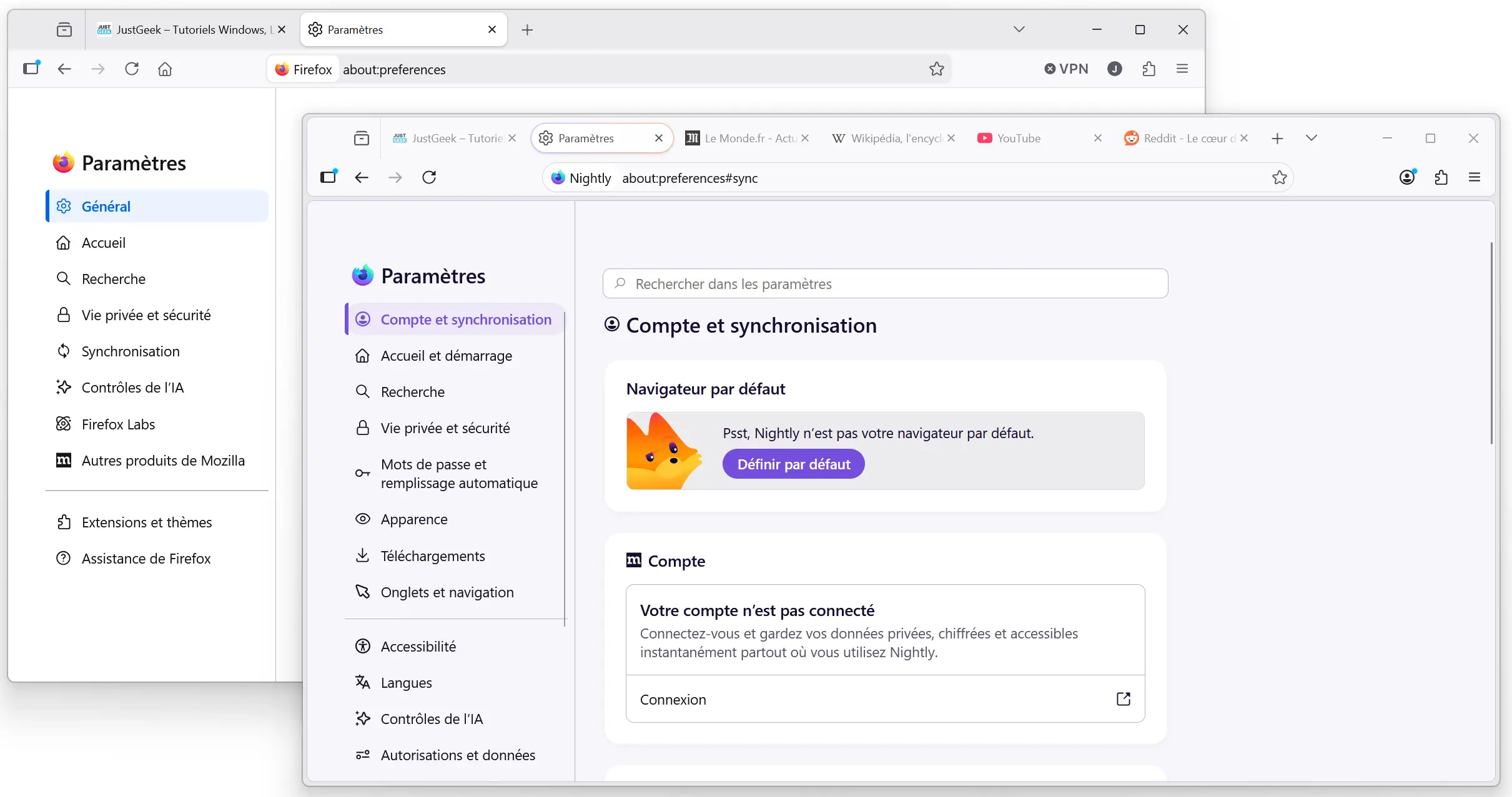 Comparaison entre l'ancien design stable de Firefox et le nouveau design Nova sur Nightly