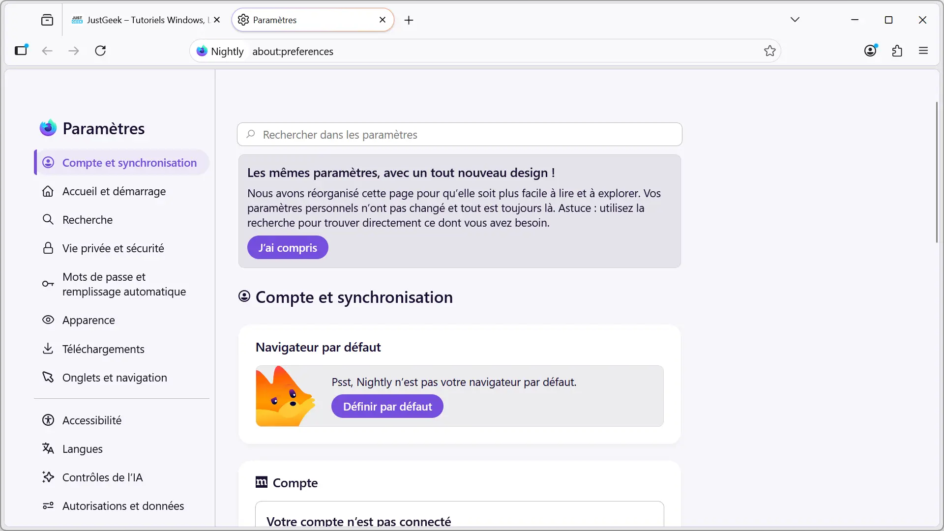 Page de paramètres repensée avec le nouveau design Nova sur Firefox Nightly