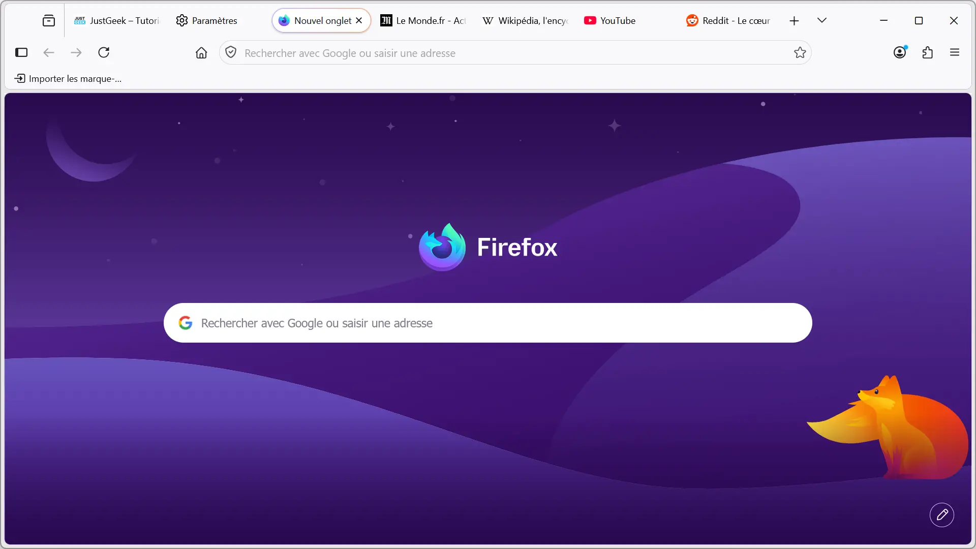 Nouvelle page à onglet de Firefox Nightly avec le nouveau design Nova et un fond violet