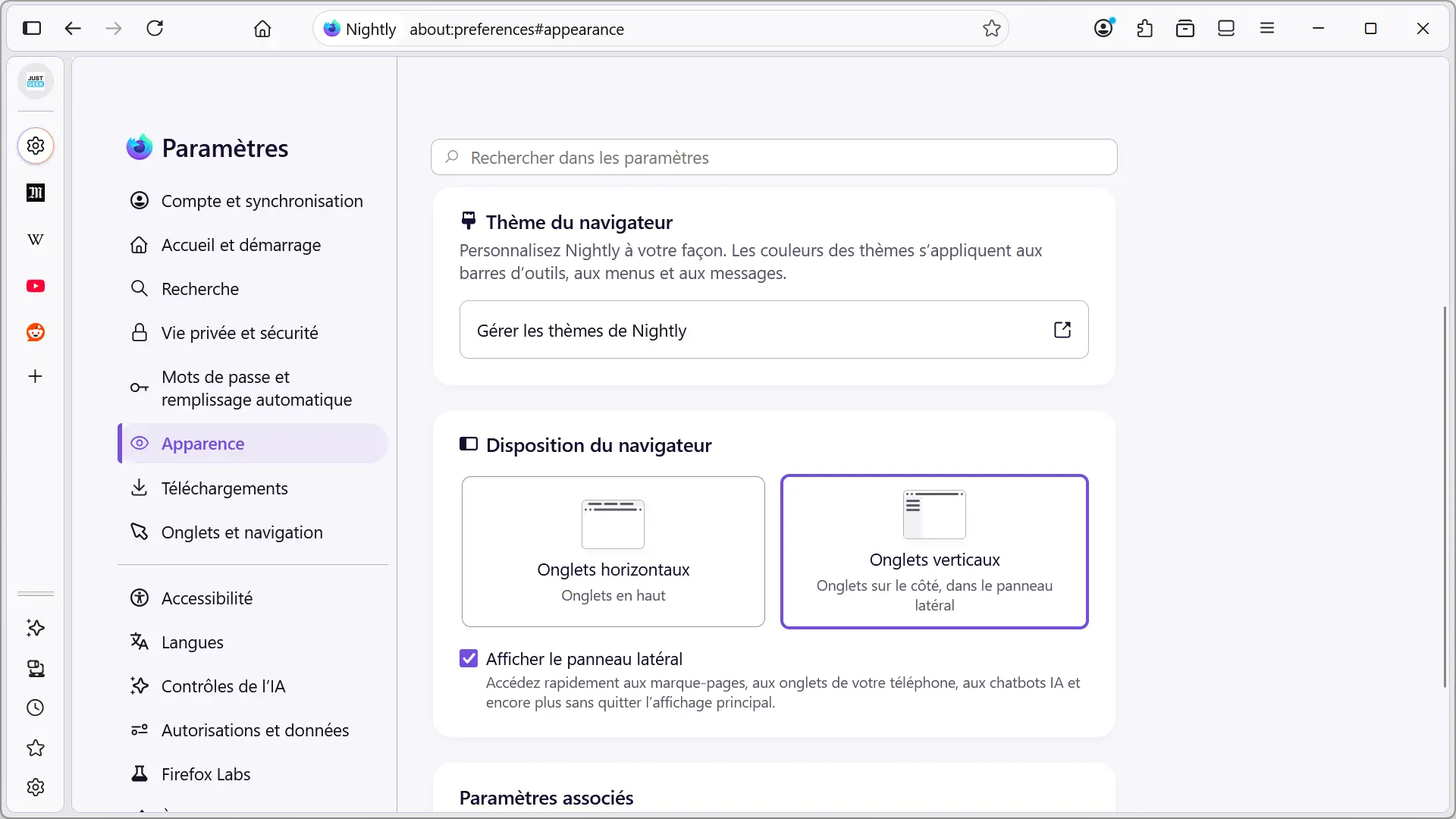 Paramètres d'apparence de Firefox Nightly avec Nova affichant le choix entre les onglets horizontaux et verticaux