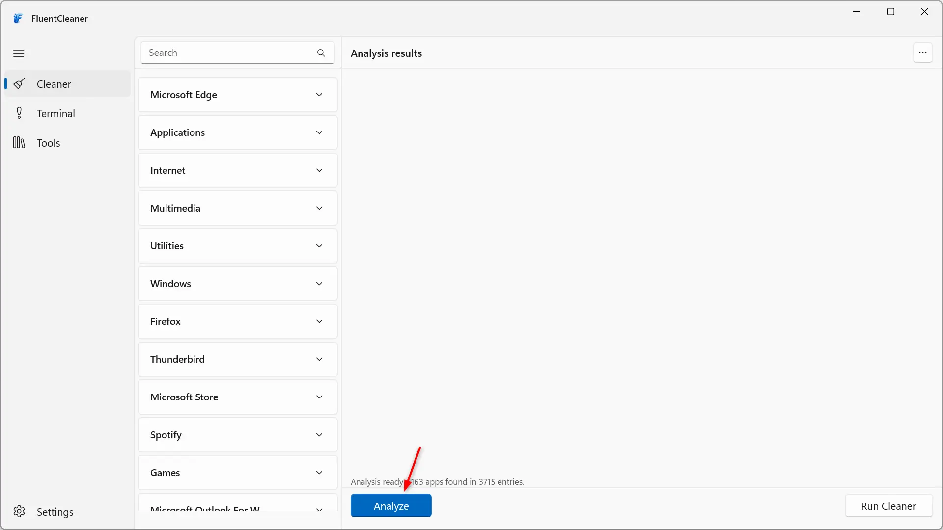 Interface principale de FluentCleaner avec le bouton Analyser