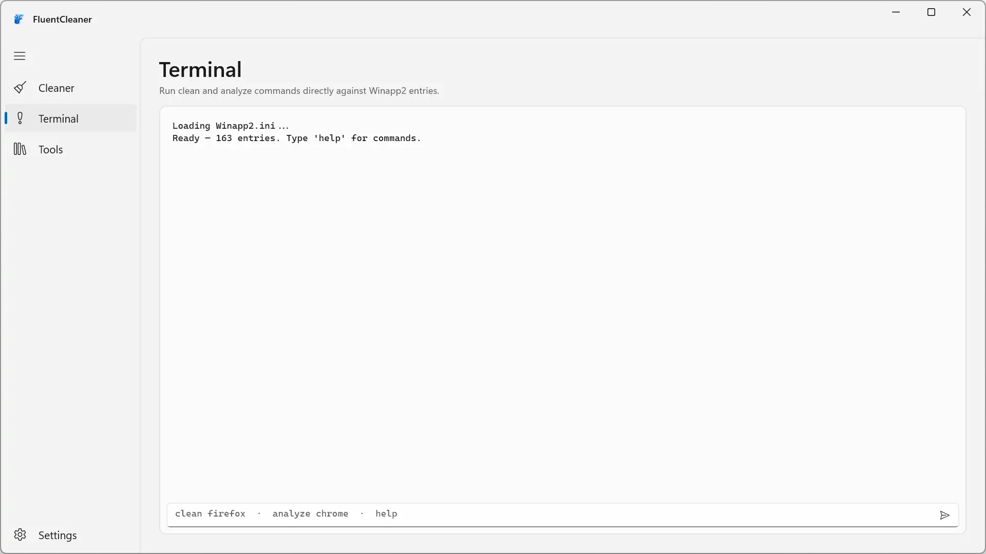 Section terminal de FluentCleaner avec les commandes disponibles