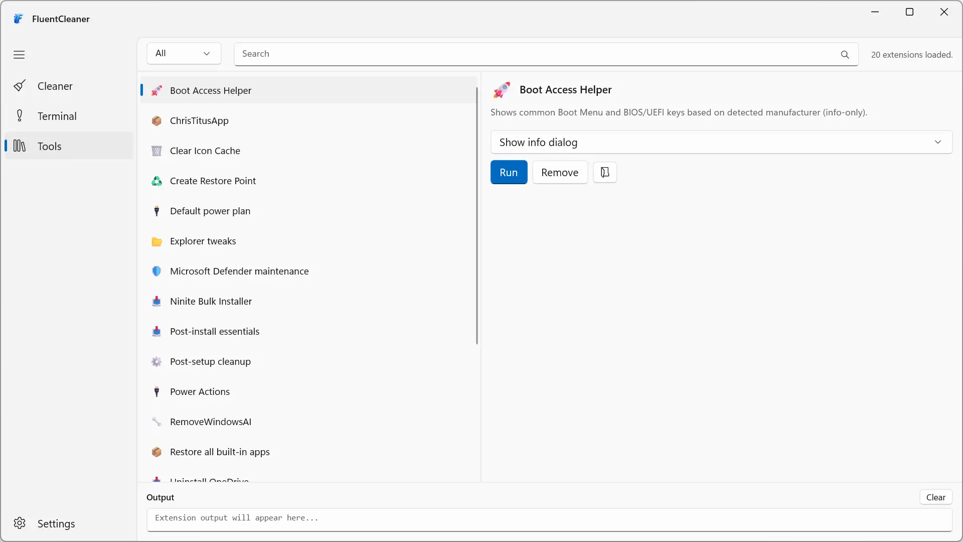 Section Outils de FluentCleaner avec la liste des extensions disponibles