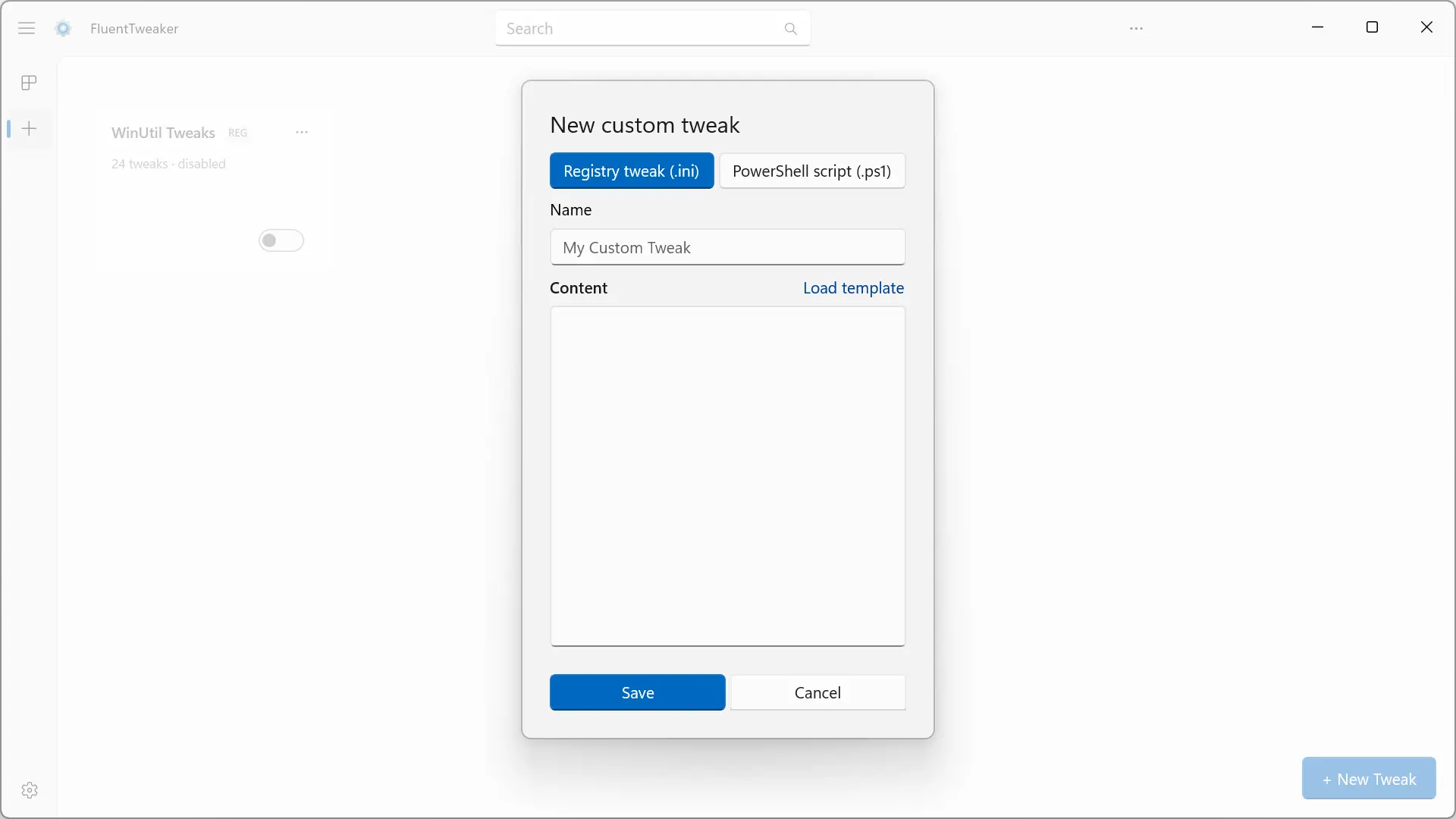 Interface FluentTweaker pour créer un ajustement personnalisé ou importer un script PowerShell sur Windows 11